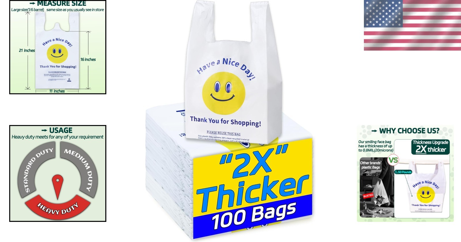 100 White Heavy Duty Thank You Plastic T-Shirt Shopping Bags, 0.8 Mil 11x6x21″