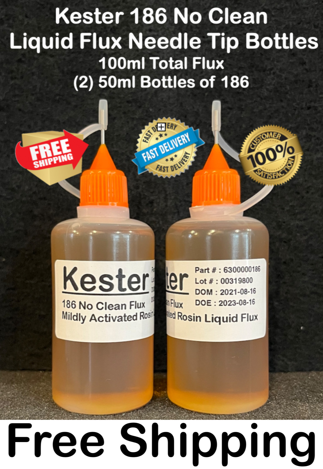 100ml / 3.38oz KESTER 186 NO CLEAN LIQUID ROSIN FLUX NEEDLE TIP BOTTLES