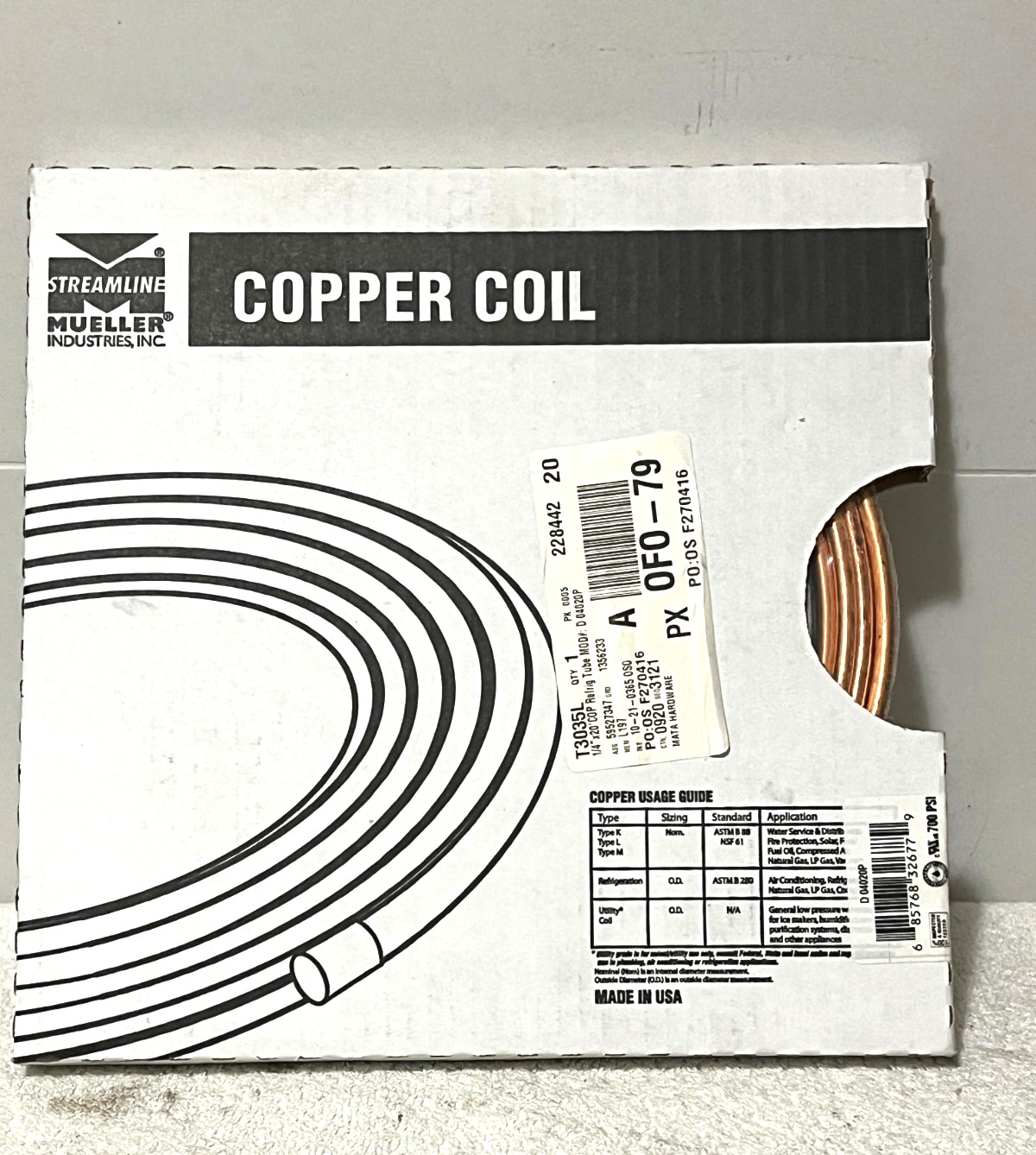 Mueller Streamline Copper Coil 1/4” OD x 20 Ft NEW Sealed Made USA