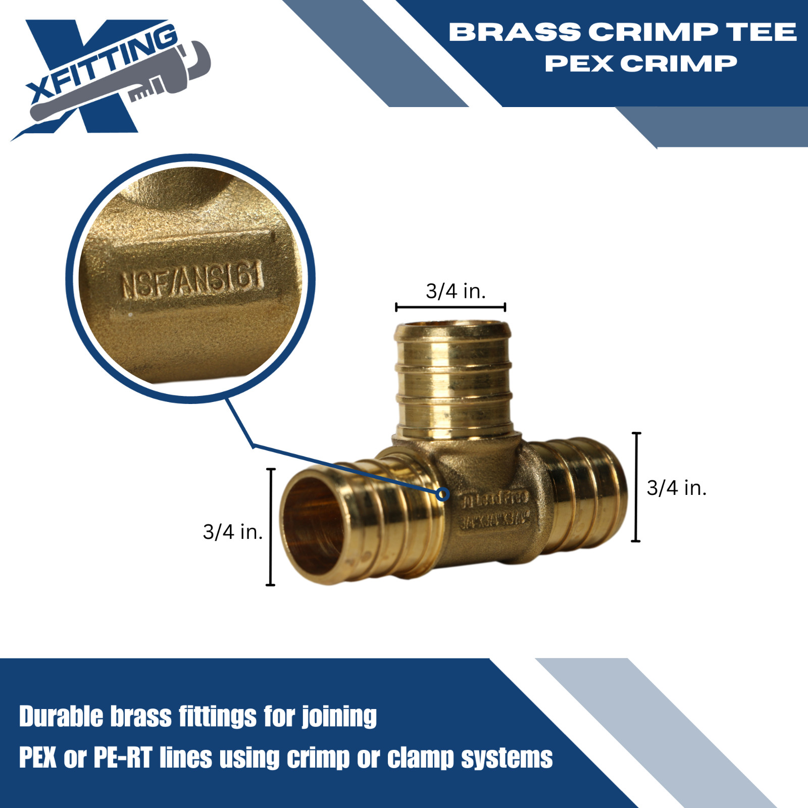 5 Pcs. 3/4″ x 3/4″ x 3/4″ Pex Tee, 3/4 Inch Pex Tee, Lead Free Brass 23-2-3=5
