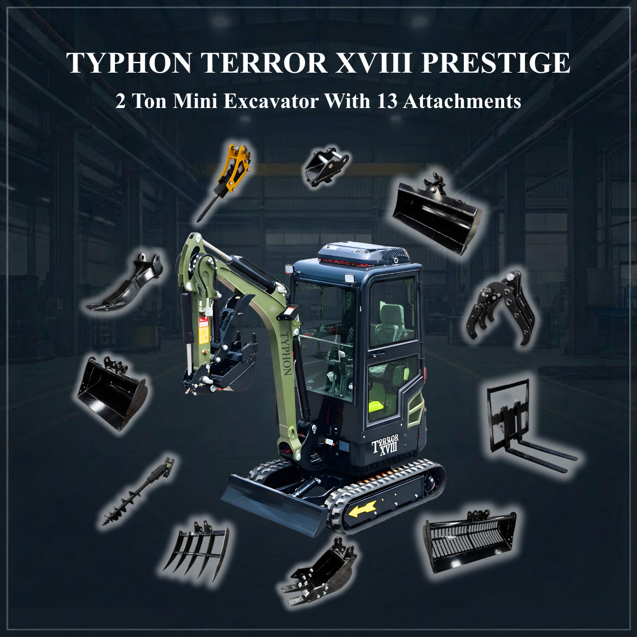 TYPHON Terror XVIII Prestige 2 Ton Mini Excavator AC/Heater cabin 13 Attachments