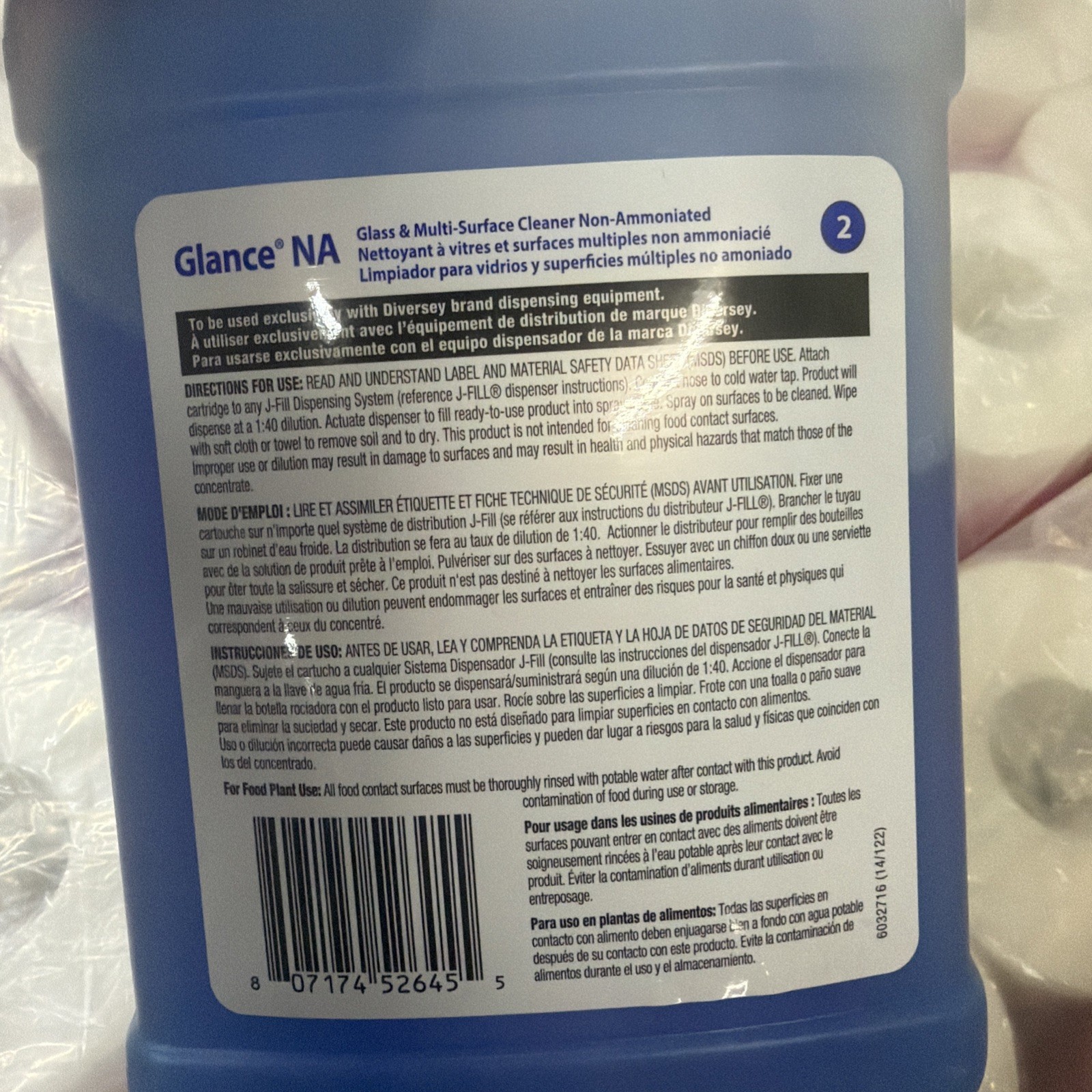 Diversey Lot of 2 Glass & Multi-surface Cleaner, 2.5L, Blue, Unscented,