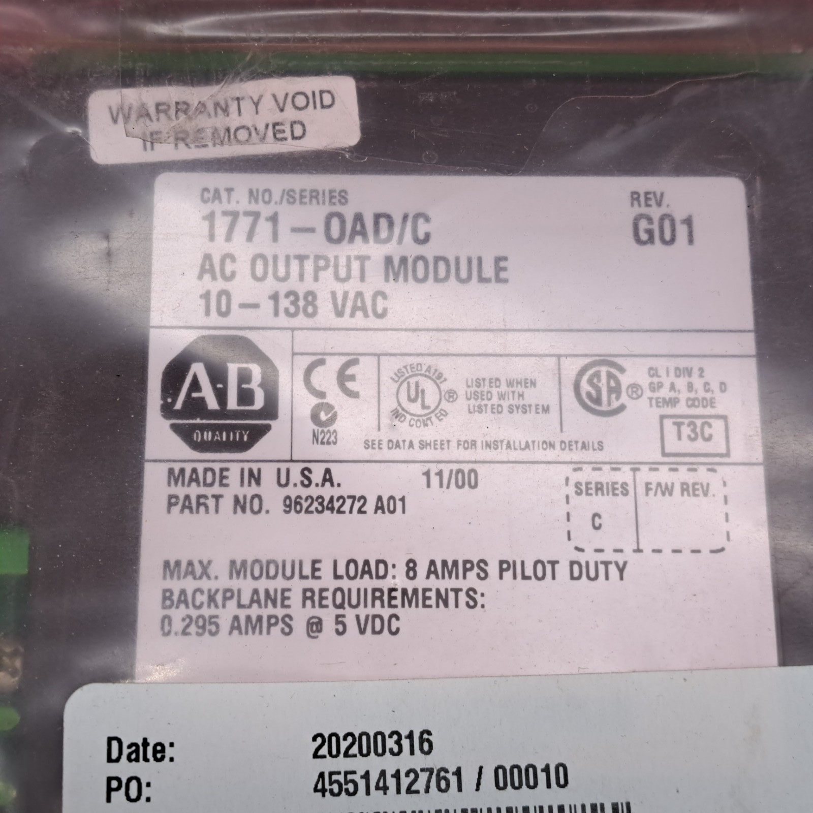 Allen-Bradley 1771-OAD/C Rockwell Automation Isolated AC Output Module.