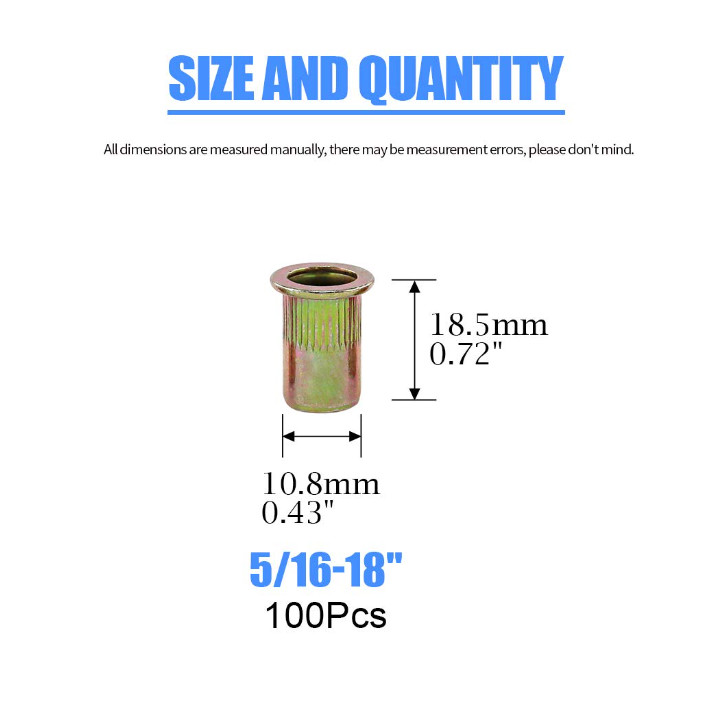 100 Pcs 5/16-18 UNC Carbon Steel Rivet Nut Flat Head Threaded Insert Nutsert SAE