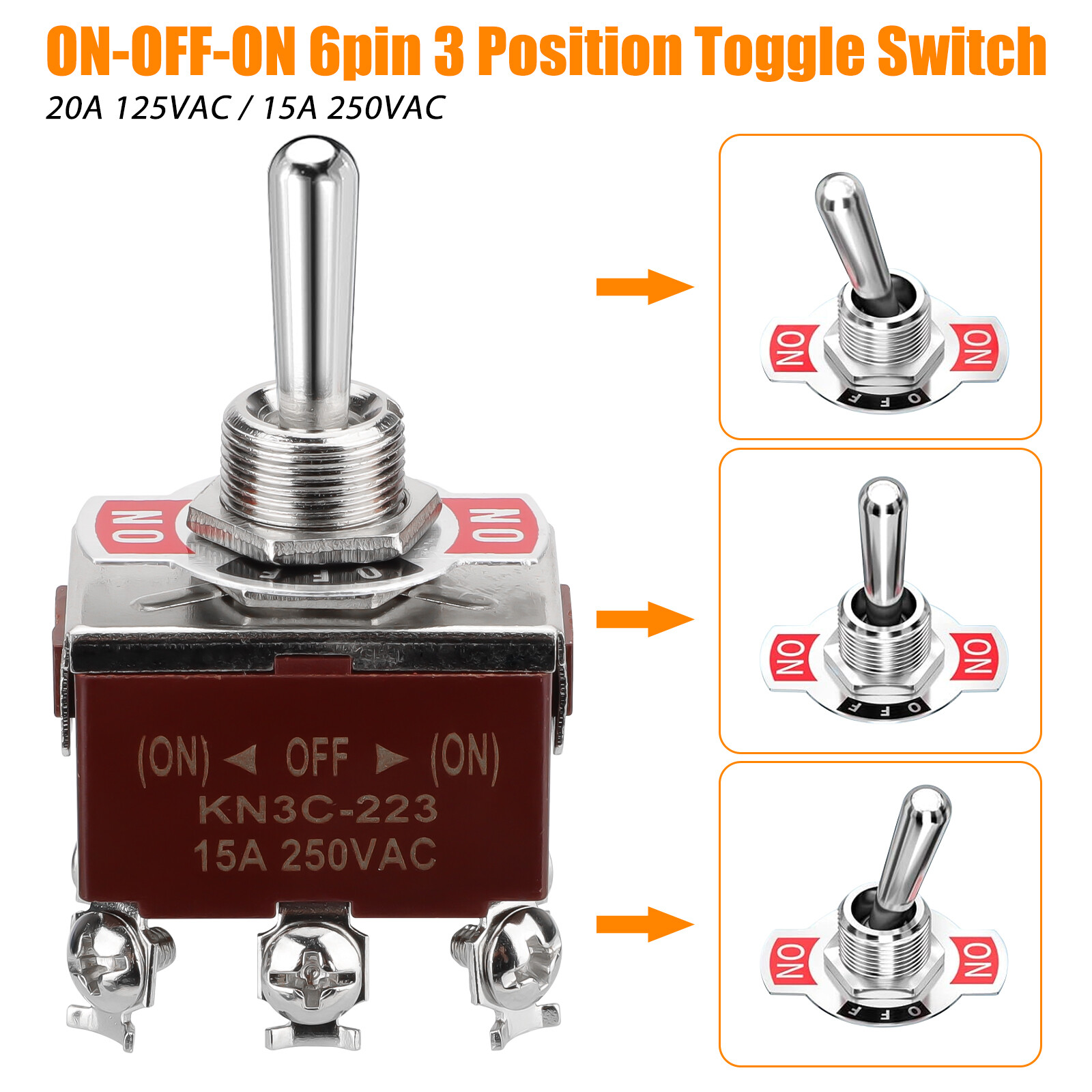 3pcs 6Pin Heavy Duty Momentary DPDT ON/OFF/ON Toggle Switch 20A 125V Waterproof