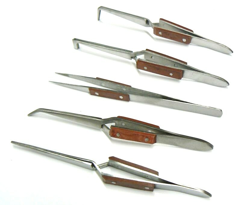 5 Tweezers Jewelry Soldering Fiber Grip Cross Locking Set Bent & Straight Tip
