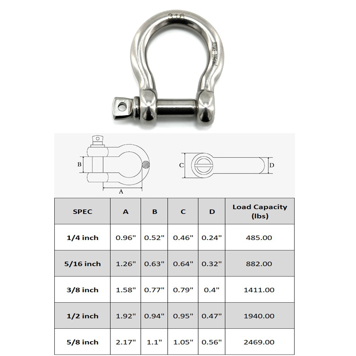 6 Pack 1/4″ Stainless Steel D-Ring Shackle Heavy Duty Screw Pin Anchor Shackle