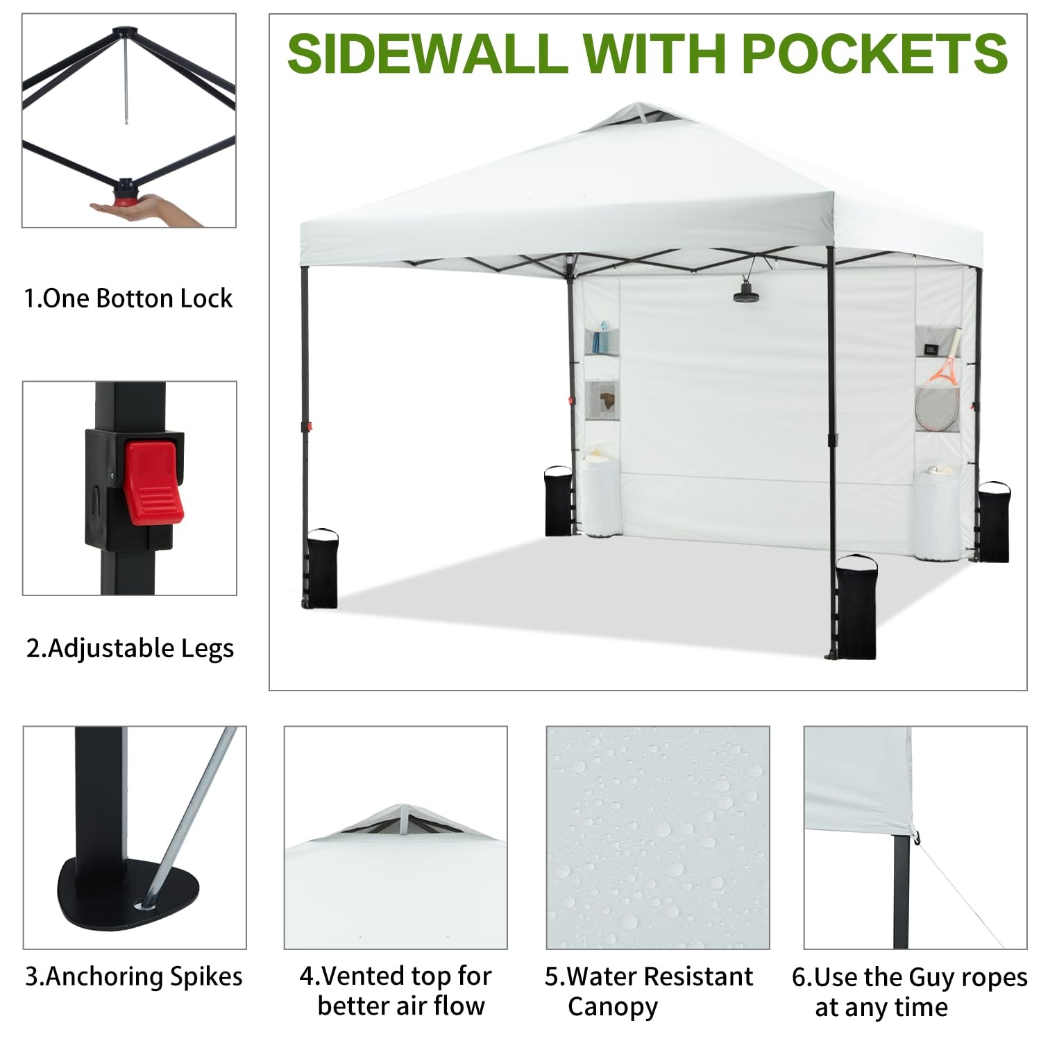 Tunbne 10X10 Pop Up Canopy Tent 1 Sidewall And 6 Pockets One Push Setup Instant