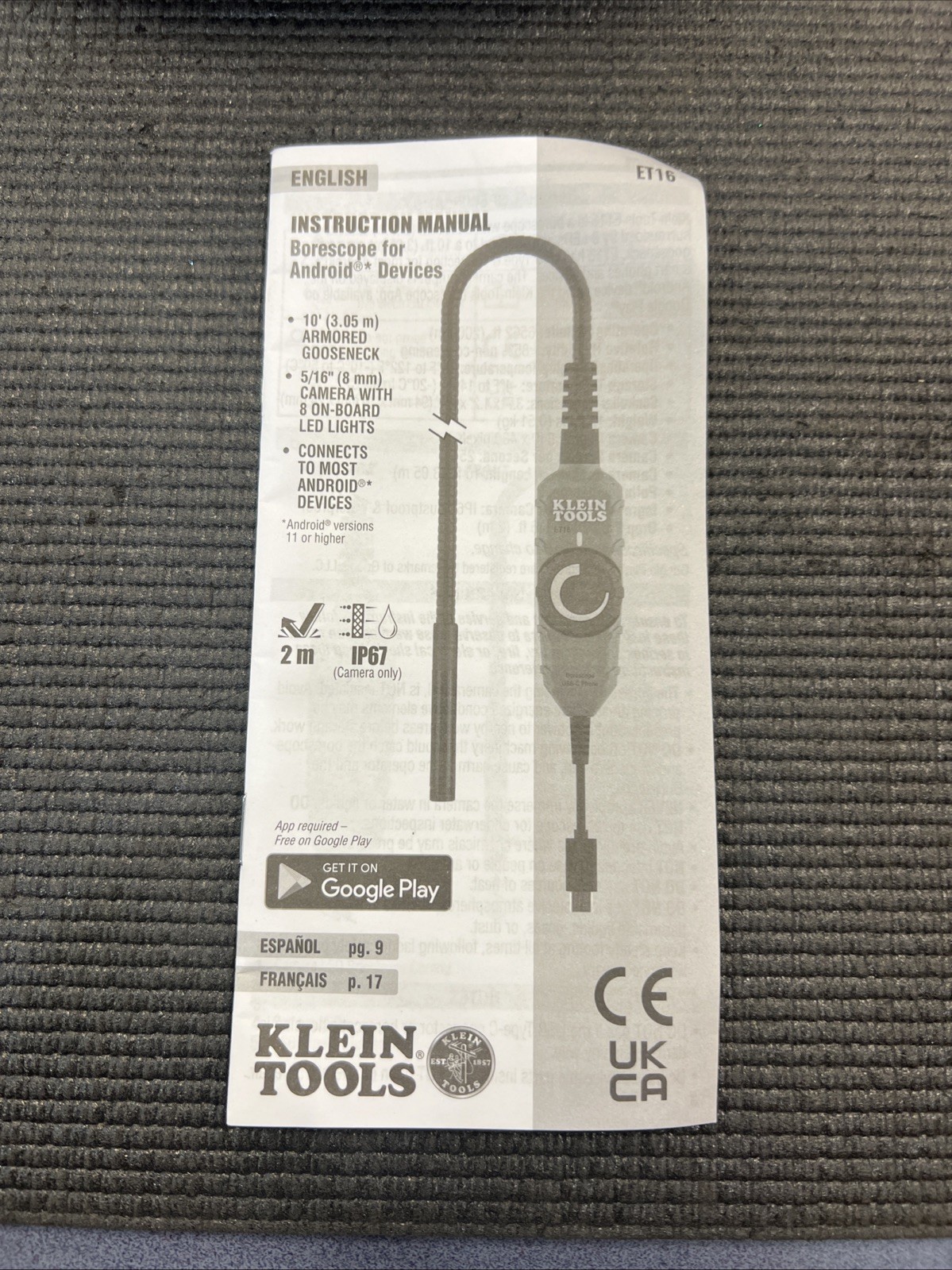Klein Tools ET16 10 ft Borescope Digital Camera LED Lights For Android Devices
