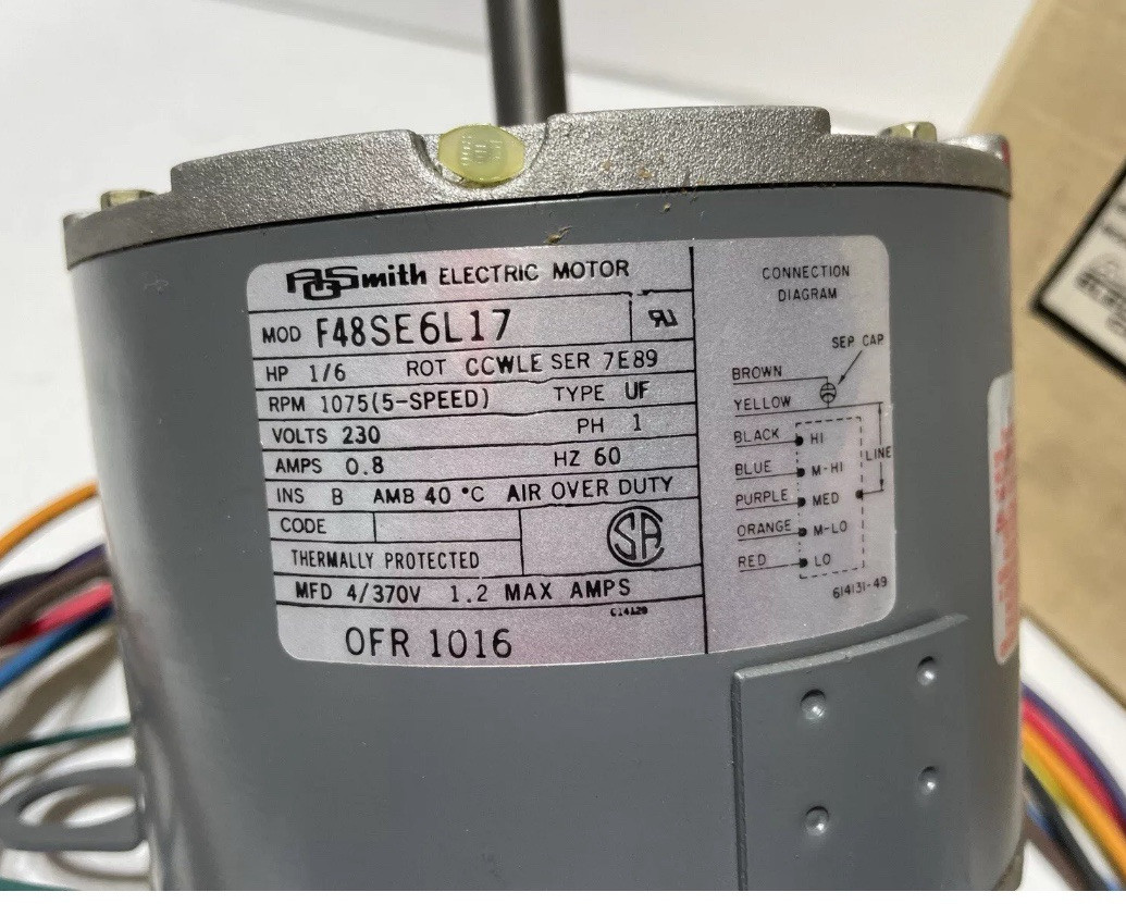AO Smith Friedrich OFR1016 F48SE6L17 MOTOR 1/6HP 230V 1075RPM 1Ph CCWLE 5 Speed