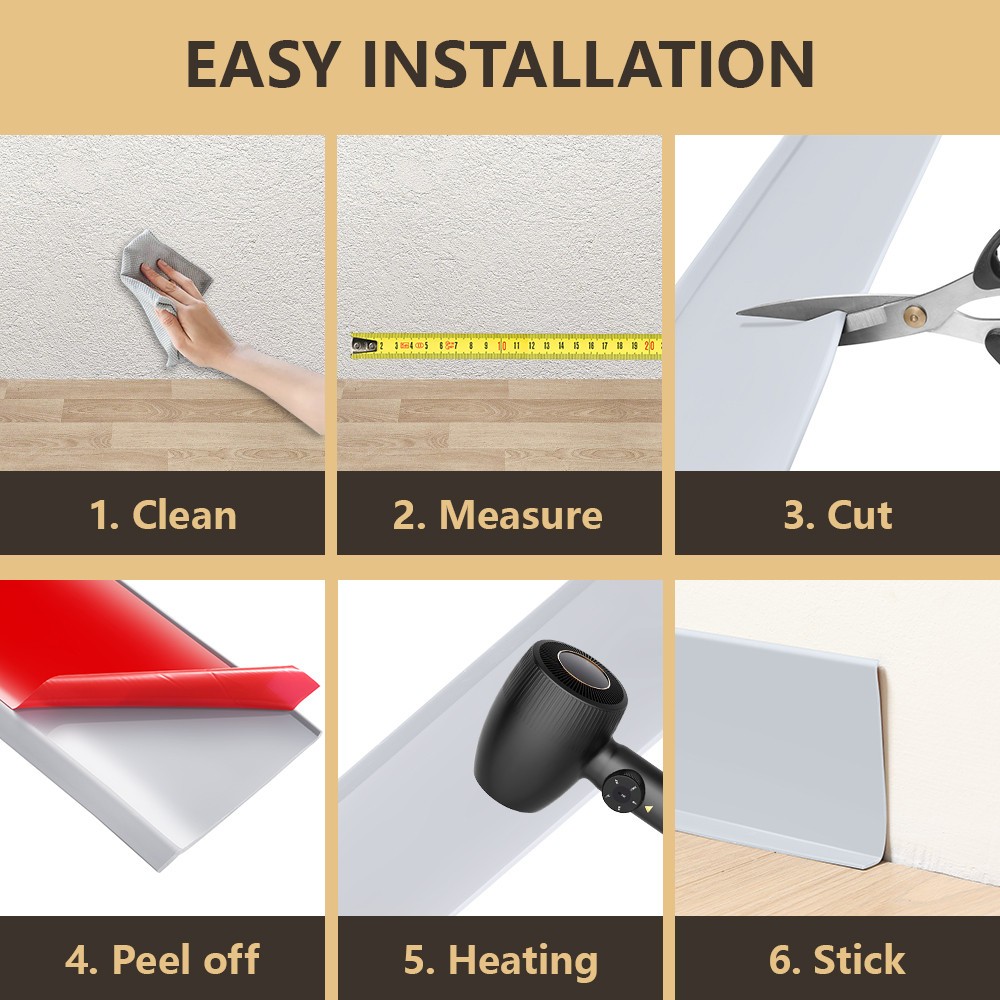 Vinyl Wall Base Baseboard Molding Trim 4″x 20FT Flexible Self Adhesive Gray