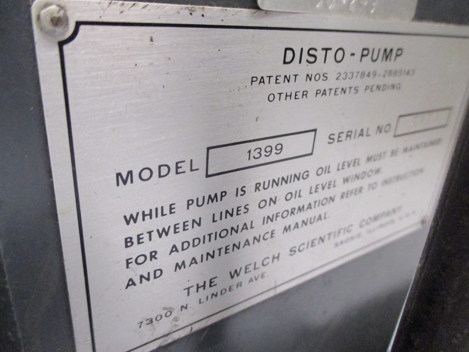 Welch Scientific #1399 Disto-Pump Belt Driven Vacuum Pump 1/3 HP