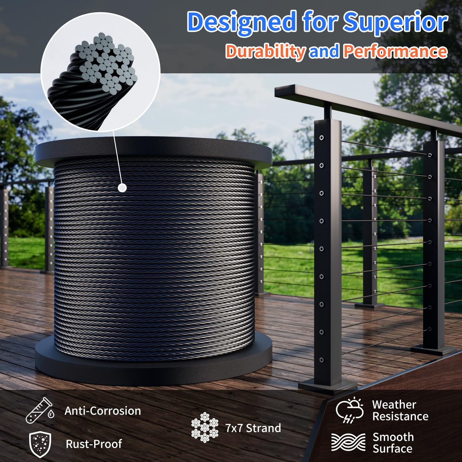 T316 Black Stainless Steel Cable 1/8″ – 650FT Heavy Duty for Railing & DIY