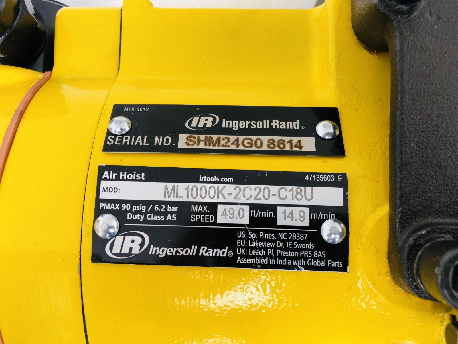 Ingersoll Rand ML1000K-2C20-C18U Pneumatic Air Chain Hoist 1 Ton 20 Ft.