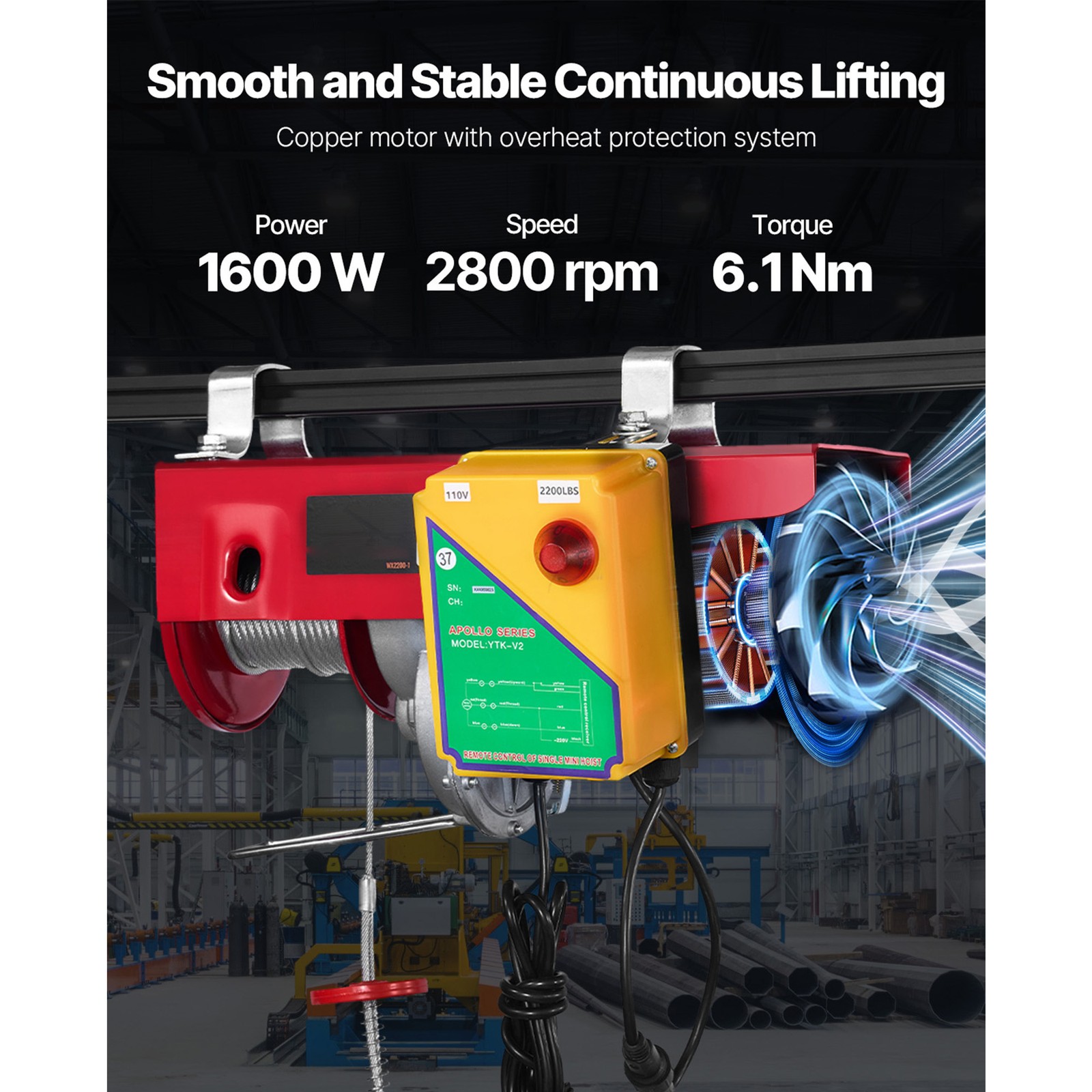 VEVOR Electric Hoist 2200lbs Crane Winch with 328ft Wireless Remote Control 110V