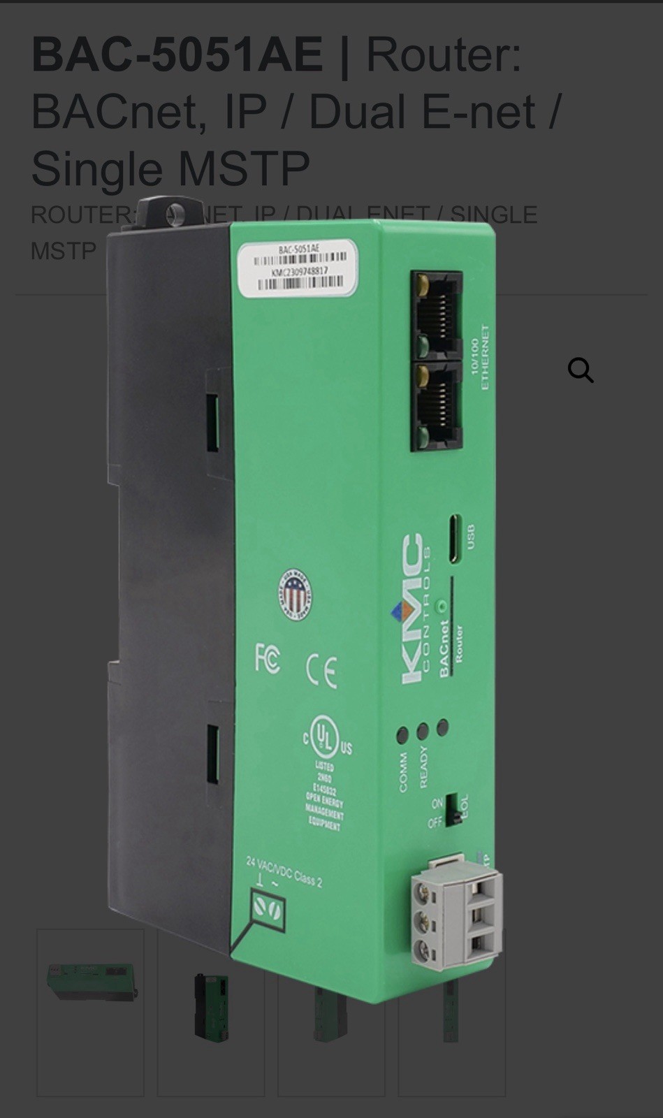 KMC Controls BAC-5051AE BACnet Router IP Dual Ethernet Single MS/TP 24VAC/VDC
