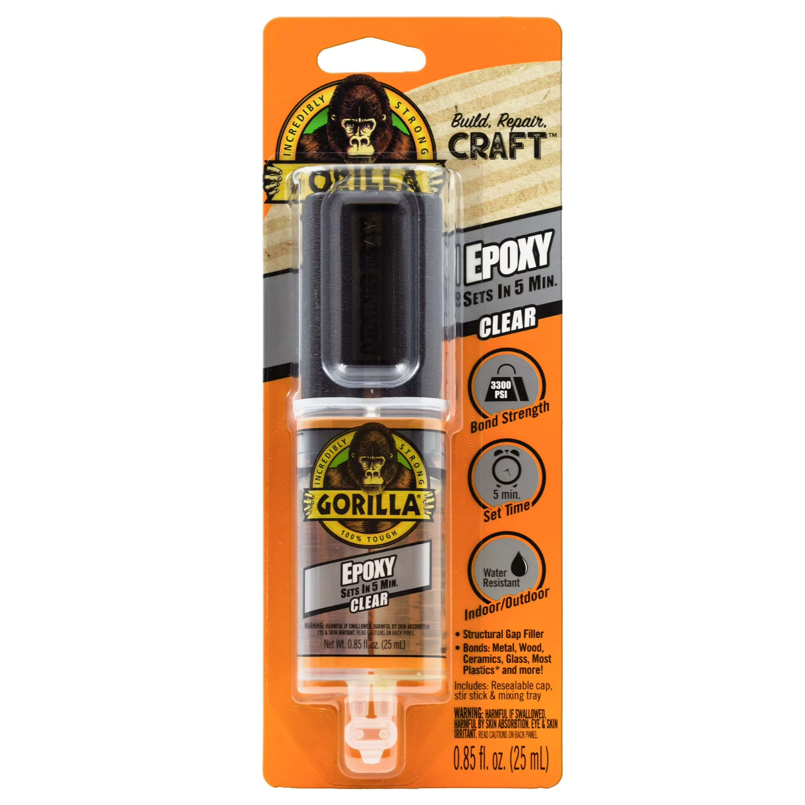 Gorilla Glue Clear Epoxy Syringe Bonds Steel, Aluminum, Wood, Ceramic, Tile, Pls