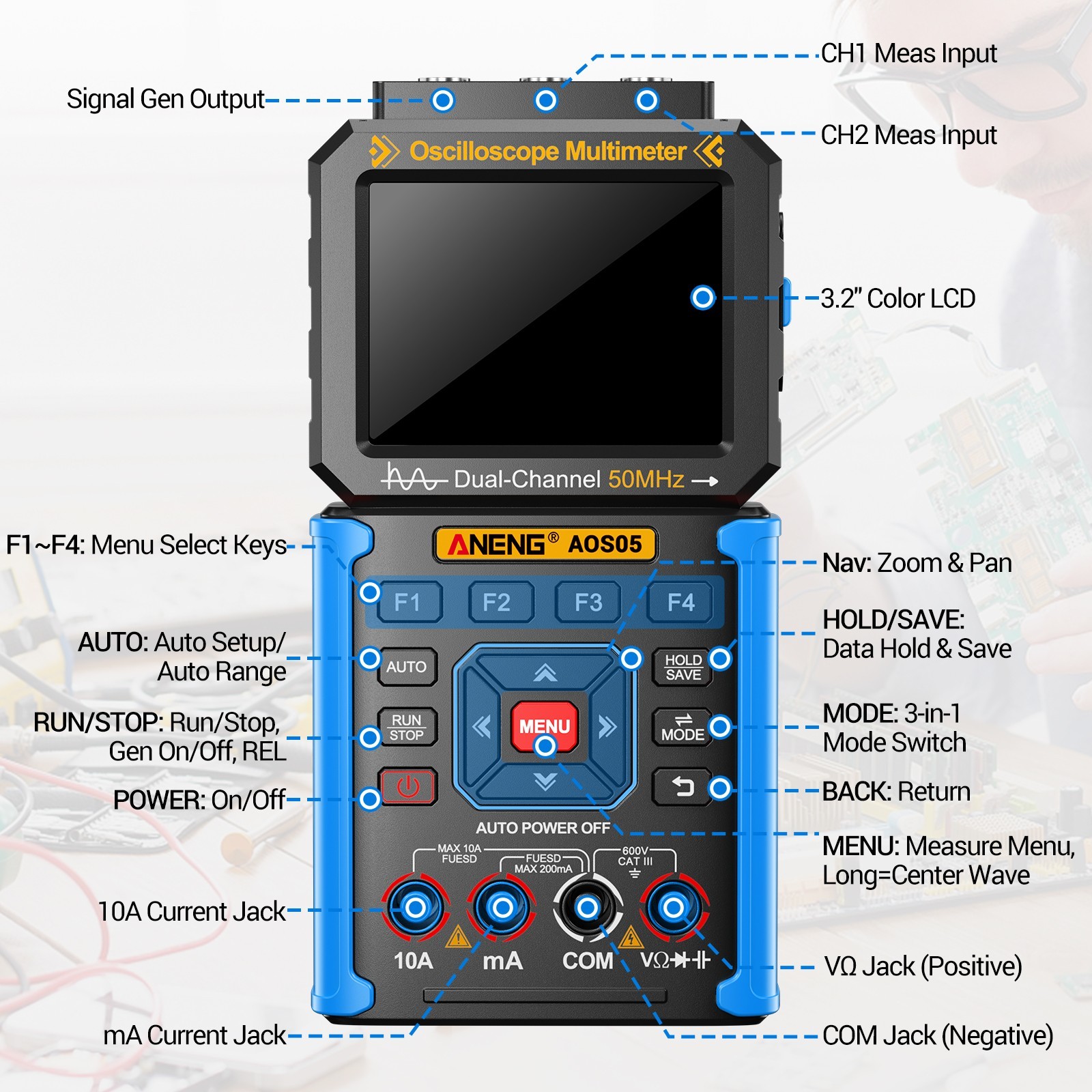 3 IN 1 Digital Handheld Oscilloscope Multimeter Signal Generator 50MHz 200MSa/s