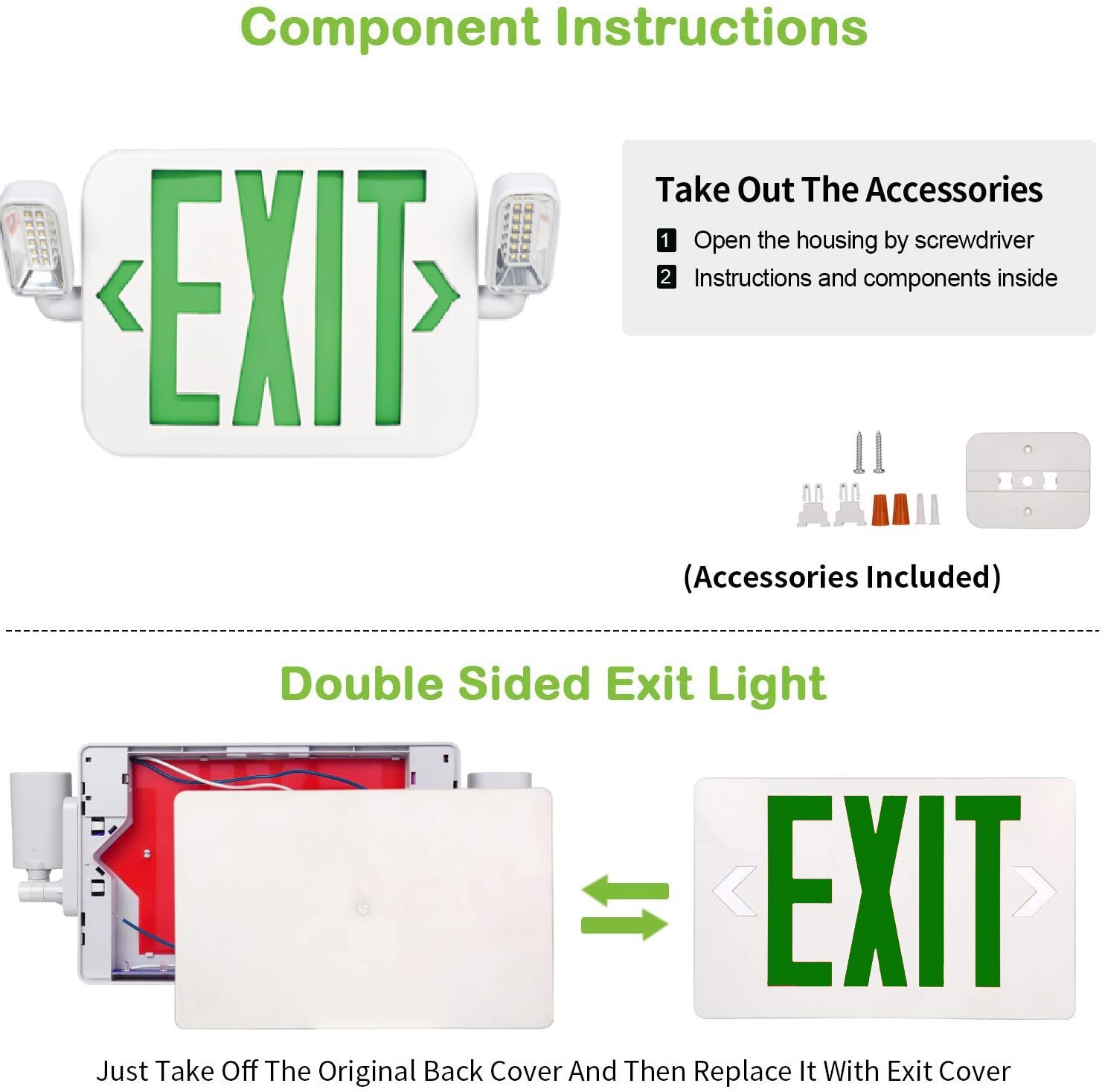 Led Exit Sign light emergency combo in Green Fire Resistance 90M batter back up