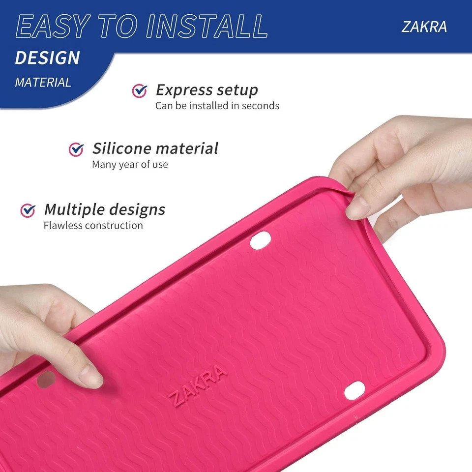 2 Pack Hot Pink Silicone License Plate Frame, 100% Street Legal & Zero Obstructi