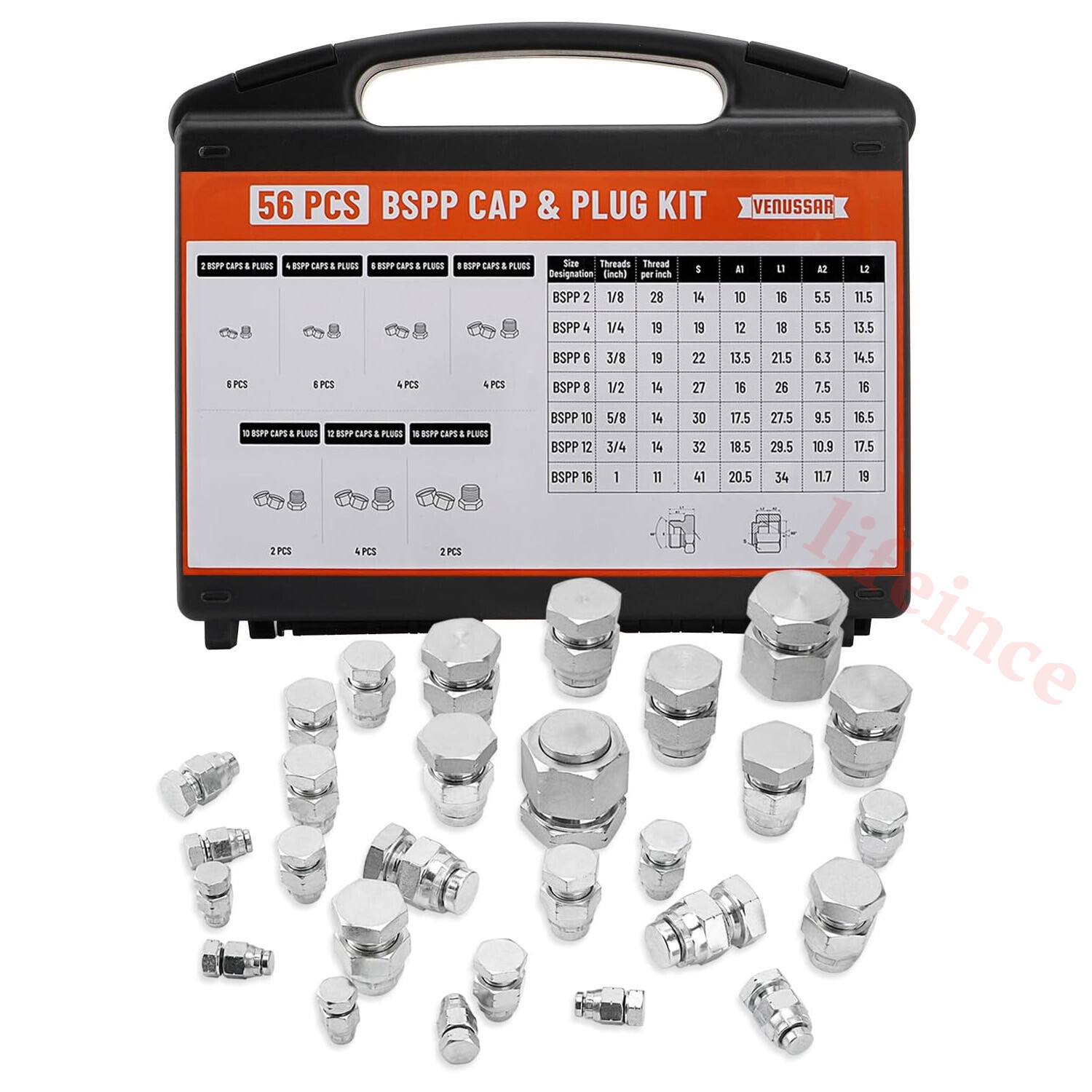 56 Pcs BSPP Cap and Plug Kit Hydraulic Cap and Plug Kit with Precision Threading