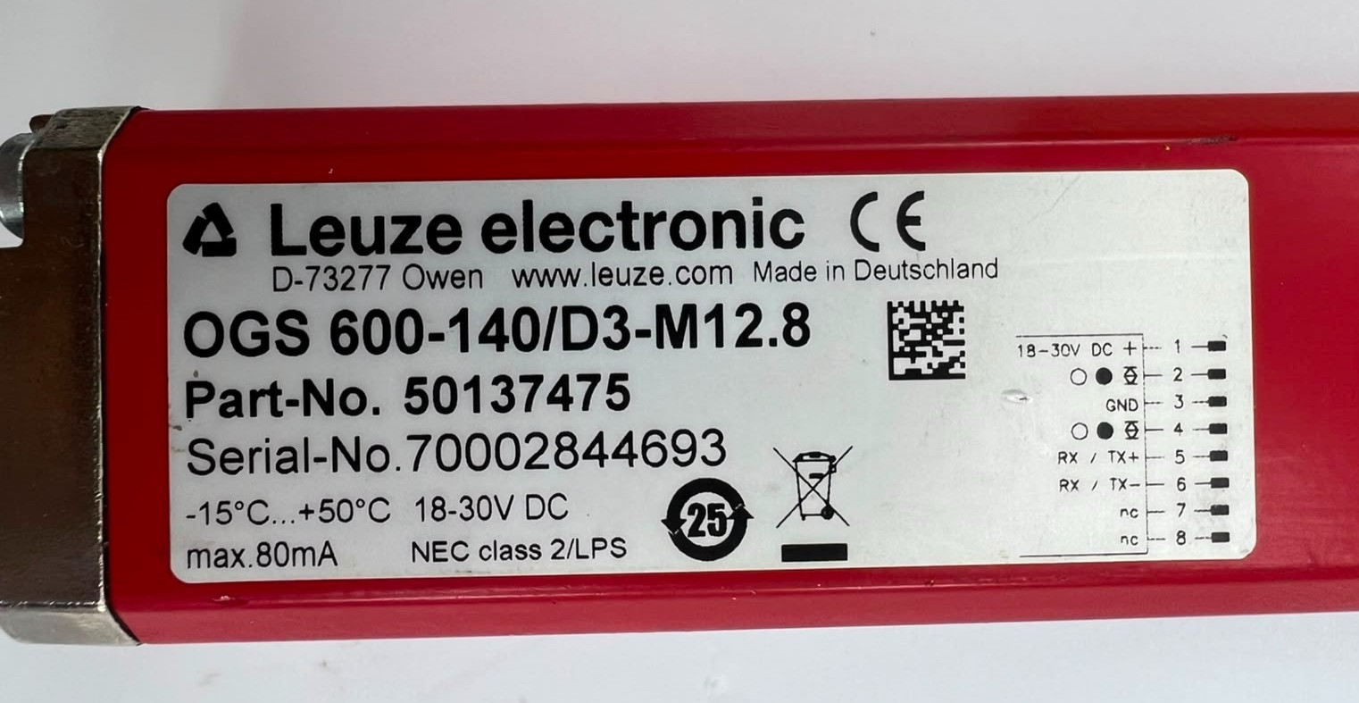 LEUZE ELECTRONIC OGS 600-140/D3-M12.8 P/N:50137475 OPTICAL GUIDANCE SENSOR