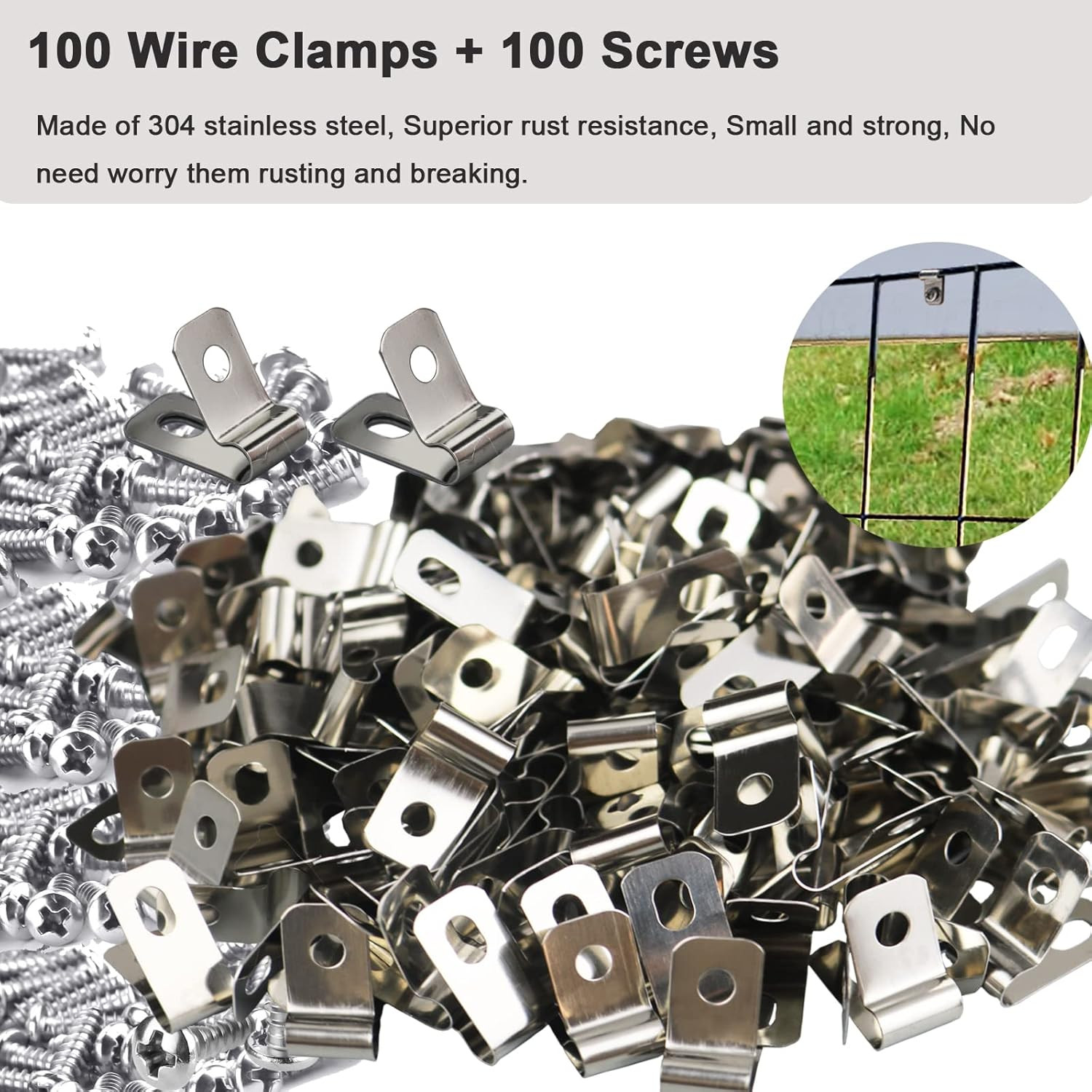 100 Pcs Fence Wire Clamps with 100 Pcs Screws, Stainless Steel Wire Clips Mount