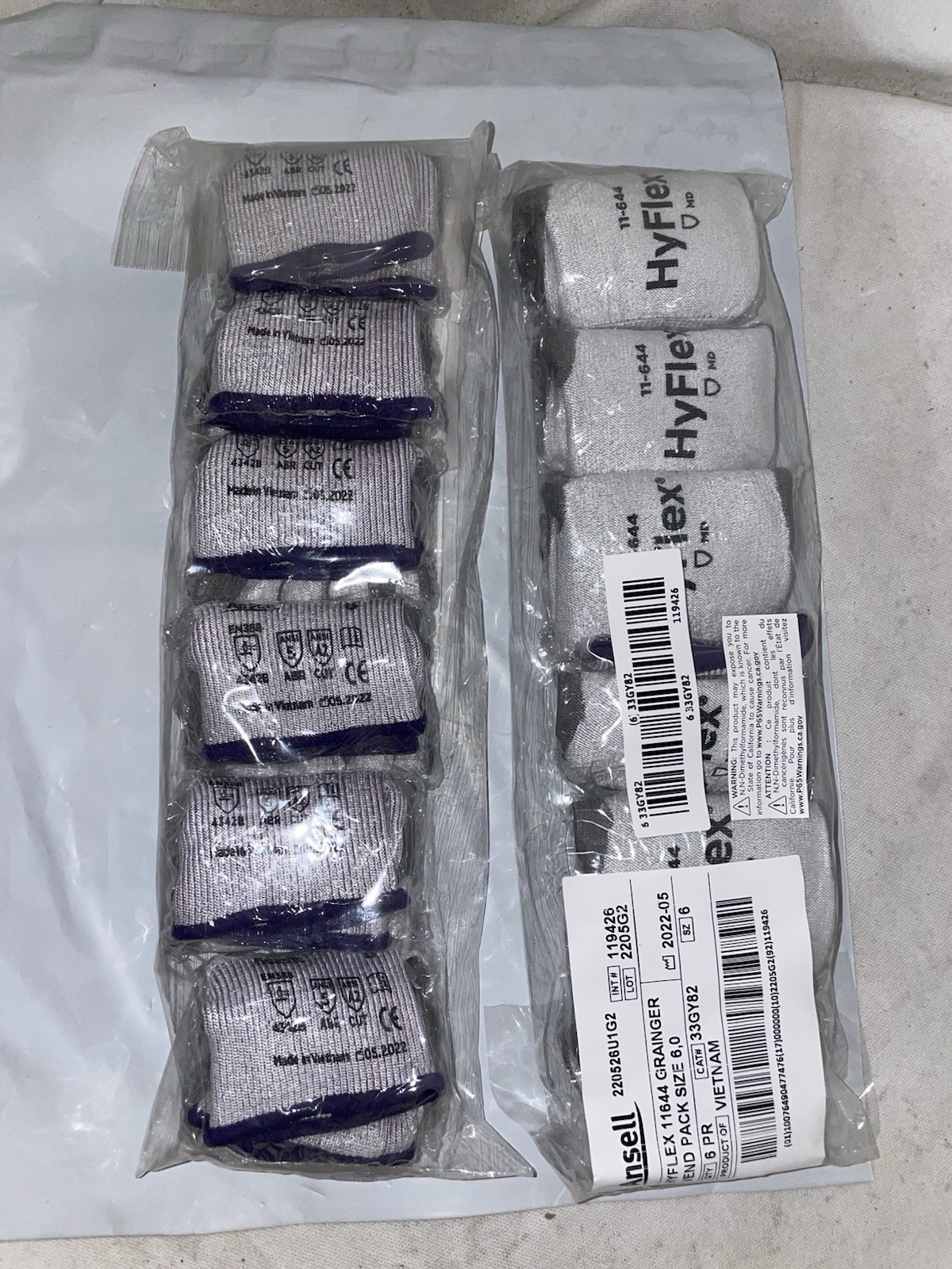 12 Pair Ansell HyFlex 11-644 Size 6 (Extra Small) Gloves ANSI Cut A2 ANSI ABR 5