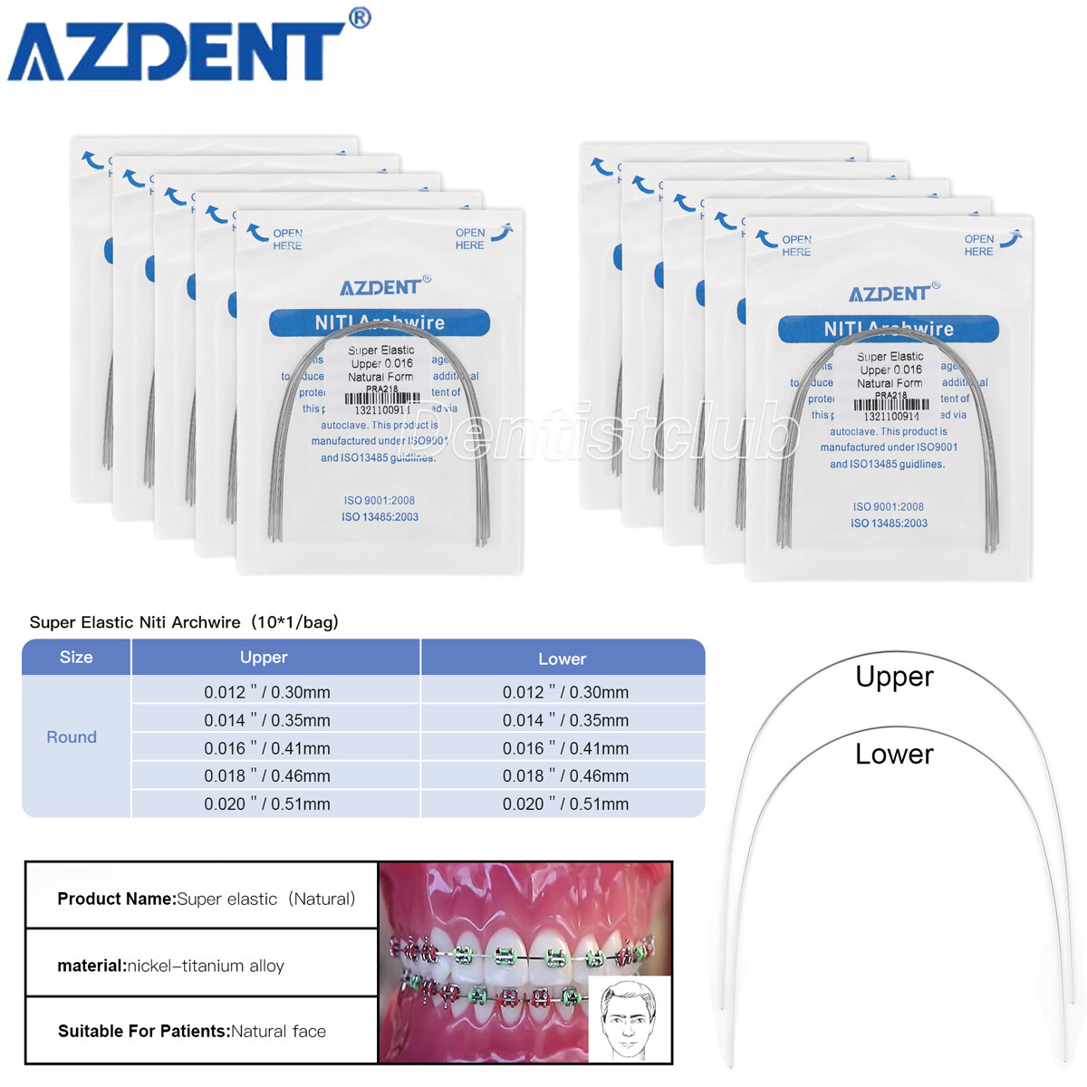 AZDENT Dental Orthodontic Super Elastic Niti Round Arch Wires Nature Form FDA
