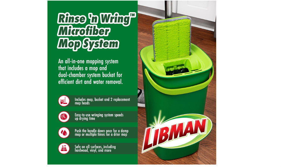 Libman Rinse N Wring Mop and Bucket Microfiber Floor Cleaning System 2 Pads