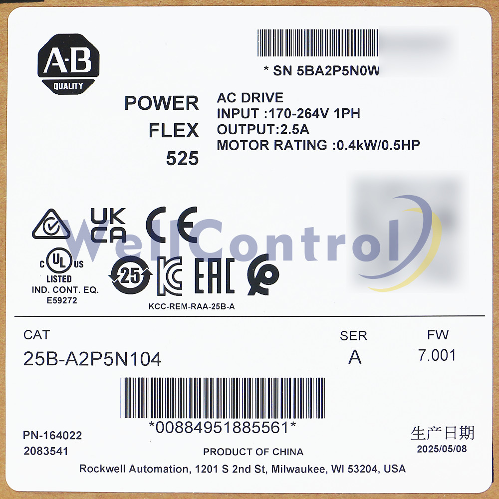 2025 Brand New 25B-A2P5N104 Allen Bradley PowerFlex 525 0.4kW (0.5Hp) AC Drive
