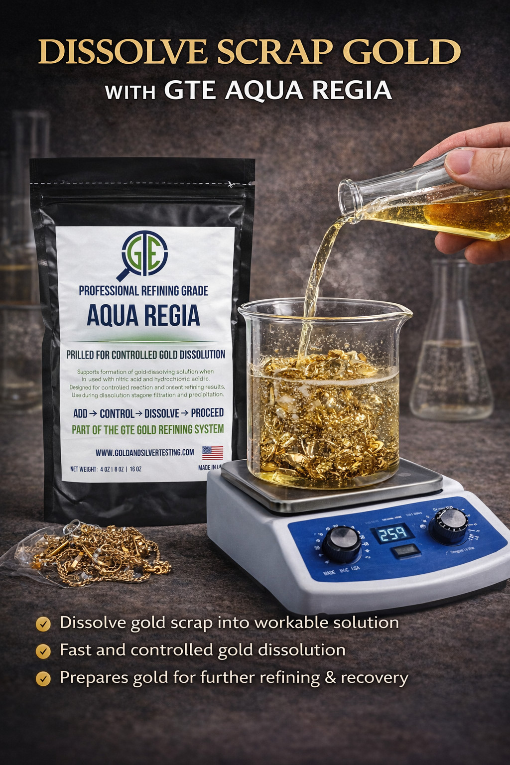 1LB Aqua Regia Gold Refining Chemical GTE Gold Dissolving Compound Scrap Recover