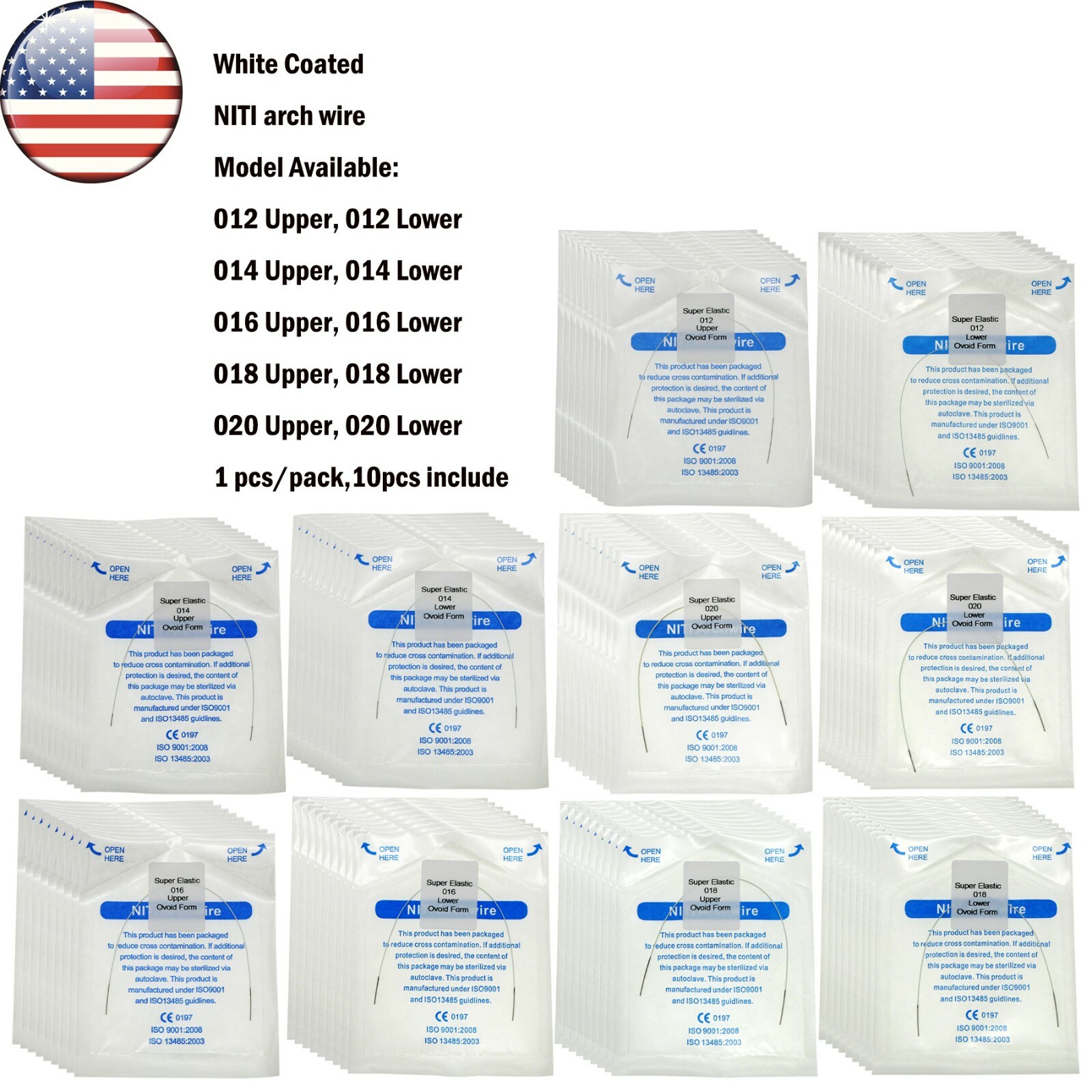 US 10 Pcs Dental Ortho Niti White Arch Wire Super Elastic Upper/Lower 012-020