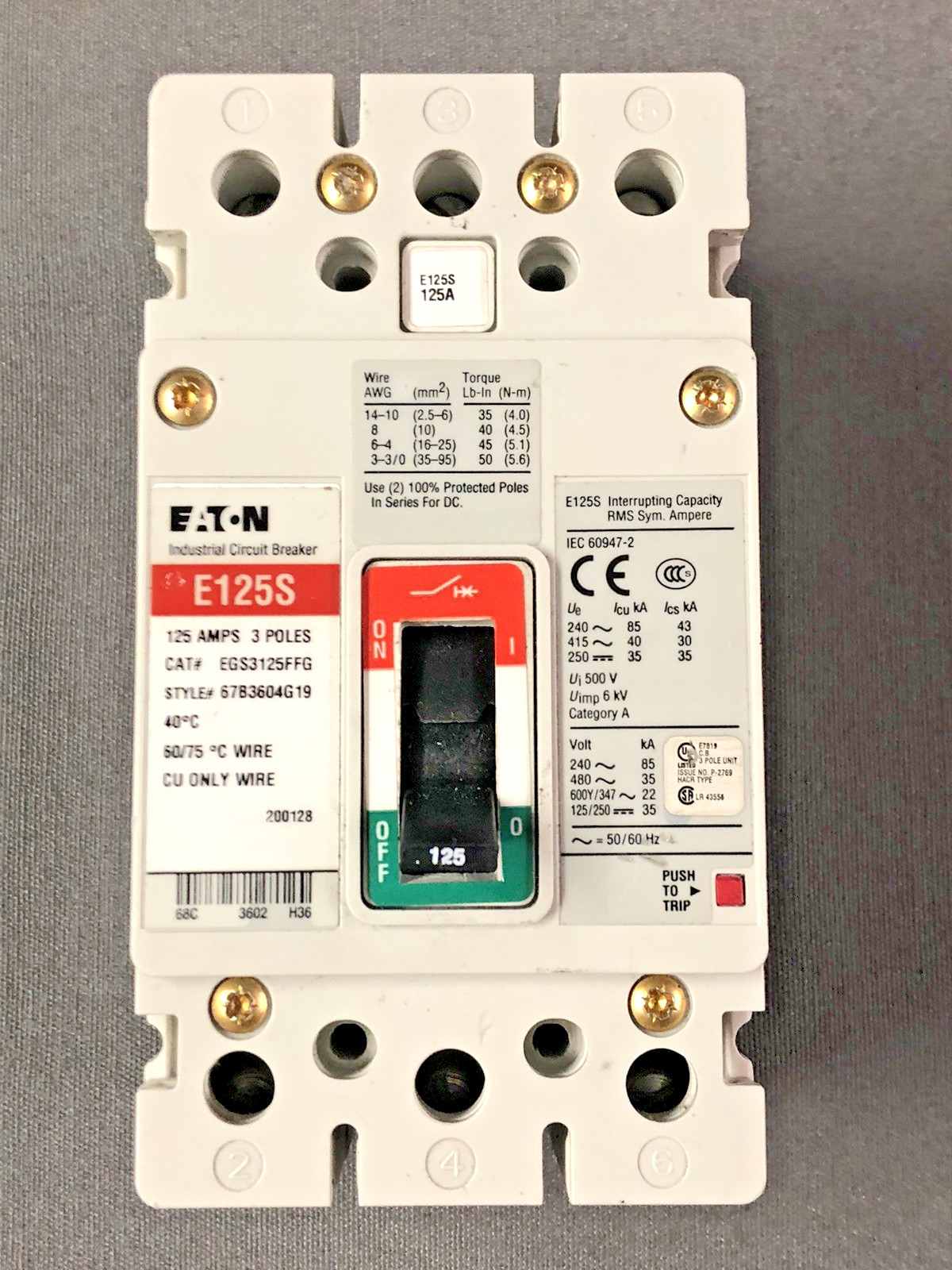 Eaton EGS3125FFG Molded Case Circuit Breaker 3 Pole 125A 600Y/347 VAC Max.