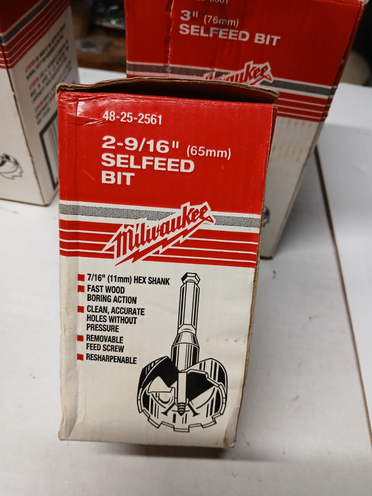4 Milwaukee SelFeed Forstner Hole Wood Drill Bits 2-9/16″ – 3″ – 3-5/8″ – 4-5/8″