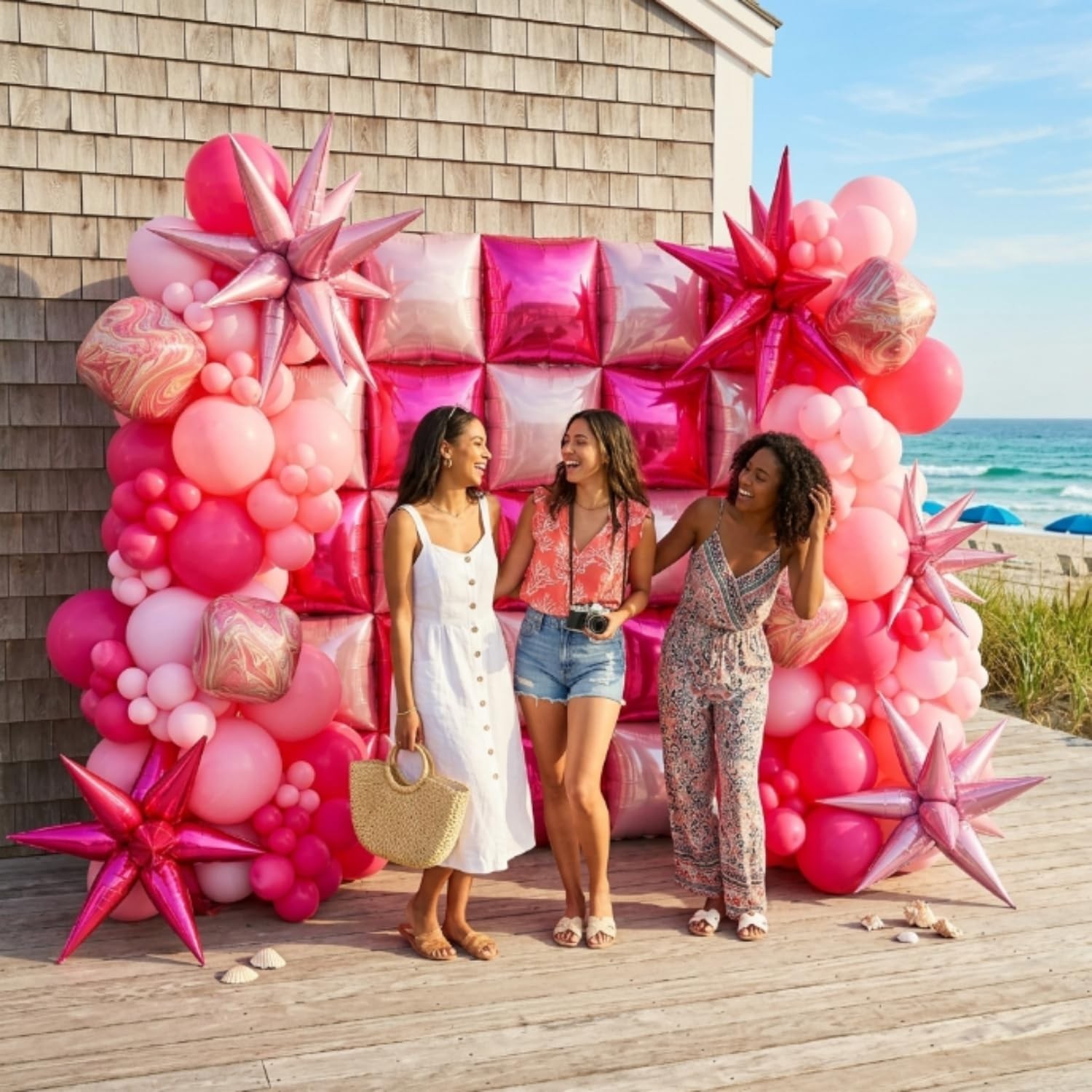 HILAVO Hot Pink Square Balloons Wall, 10 PCS Magenta Foil Balloons Wall Doubl…