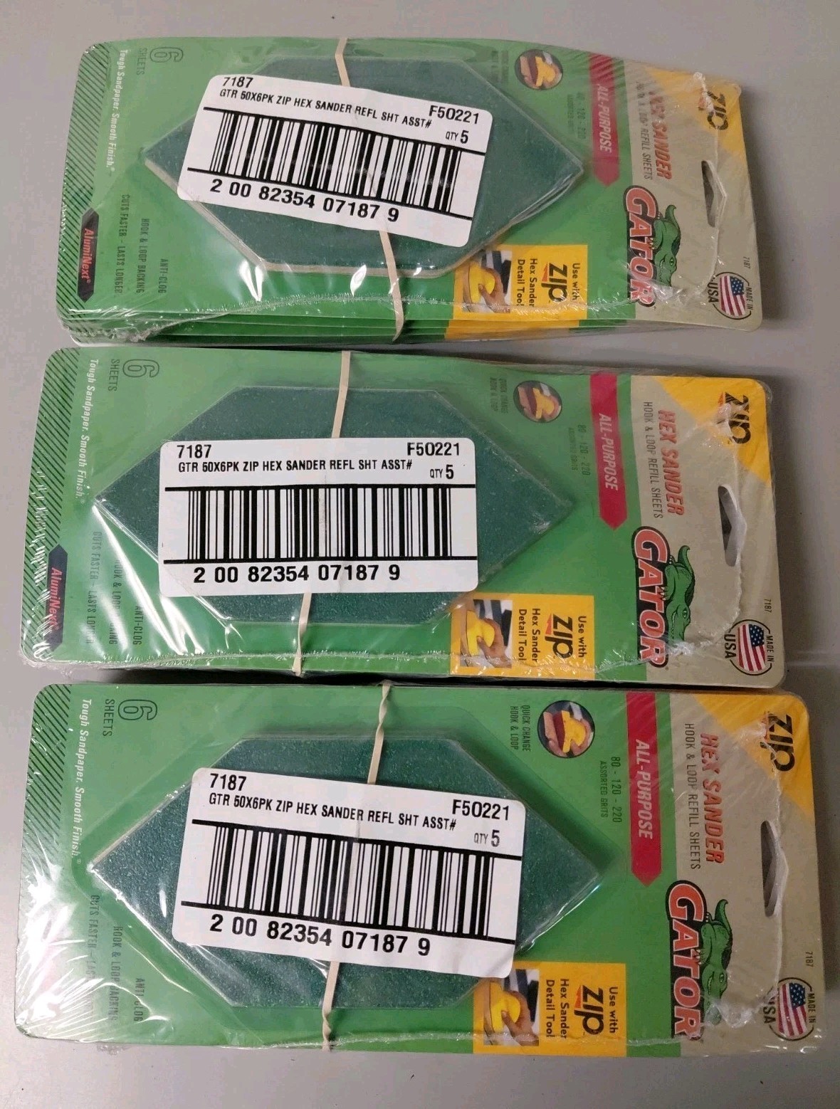 19 Packages Of 6 Sheets Of Gator Zip Hex Assorted Sandpaper, 80 – 120 – 220grit