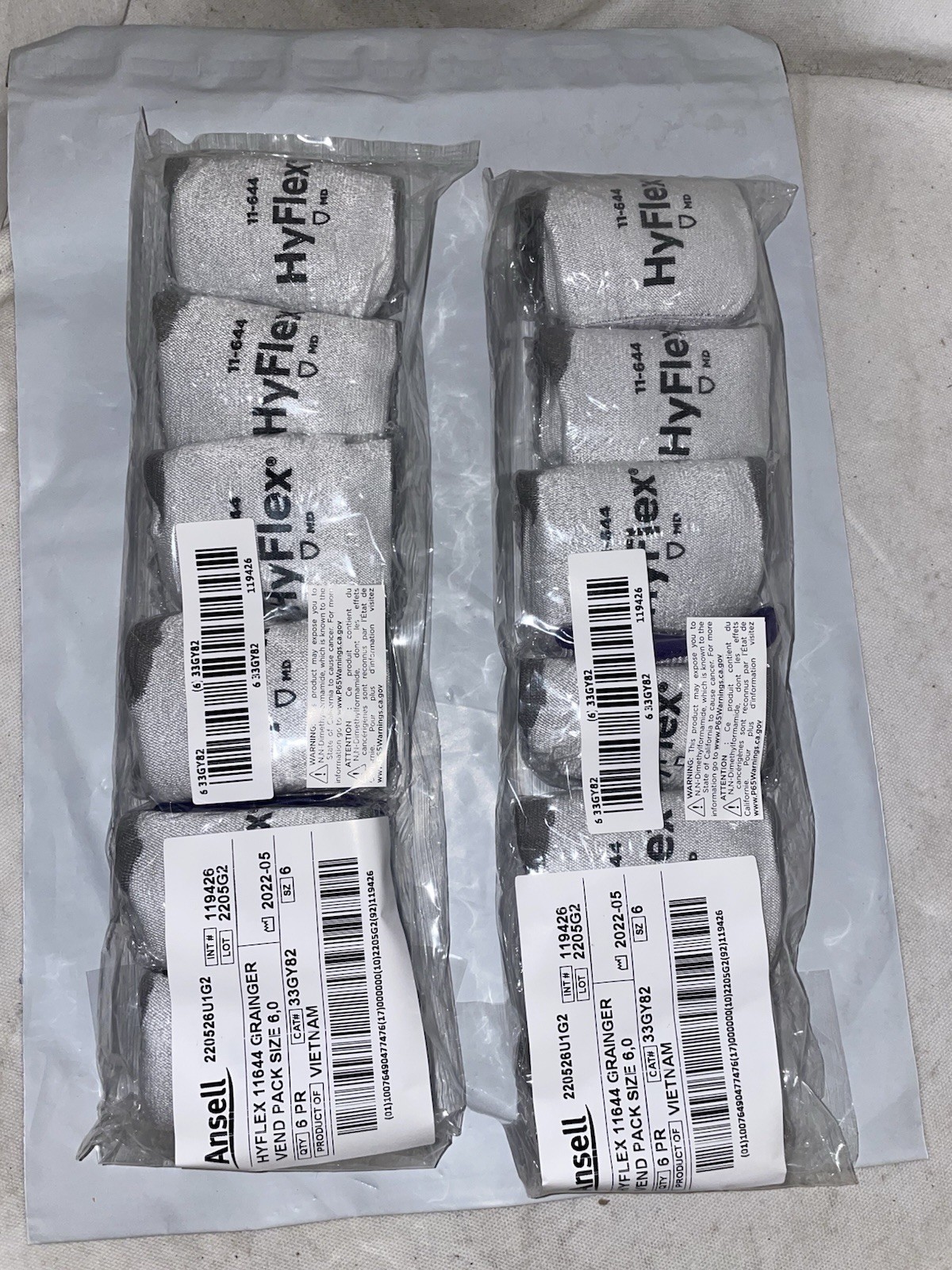 12 Pair Ansell HyFlex 11-644 Size 6 (Extra Small) Gloves ANSI Cut A2 ANSI ABR 5
