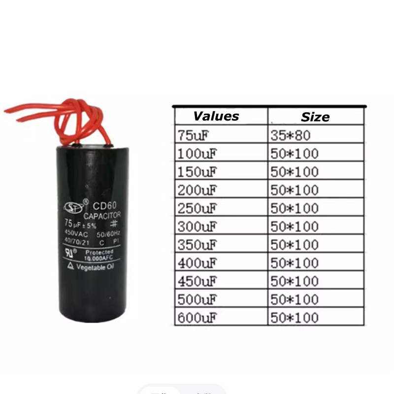 CD60 Motor Water Pump Starting Capacitor 75/100/150/200/250/300/350~600UF 450V
