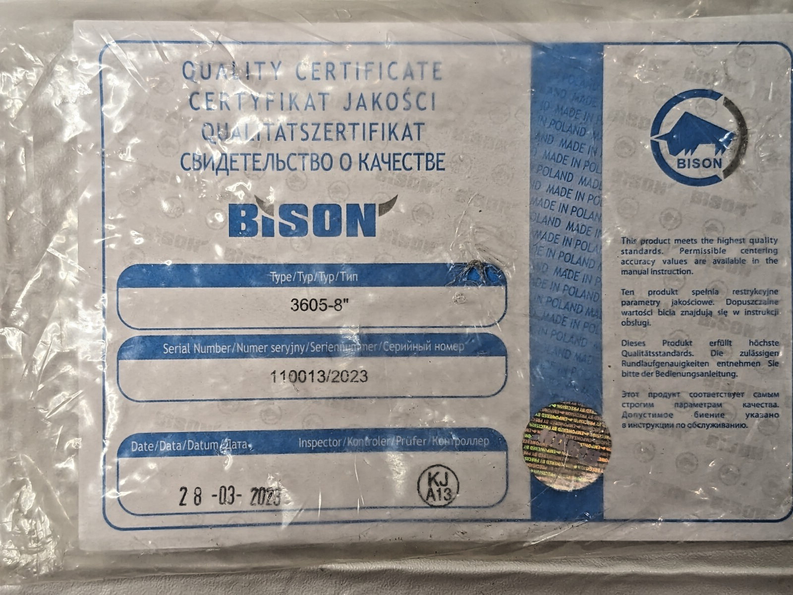 Bison 4 Jaw Self Centering Manual Chuck 8″ Diam Plain Back 3605-8″ 7-840-0800