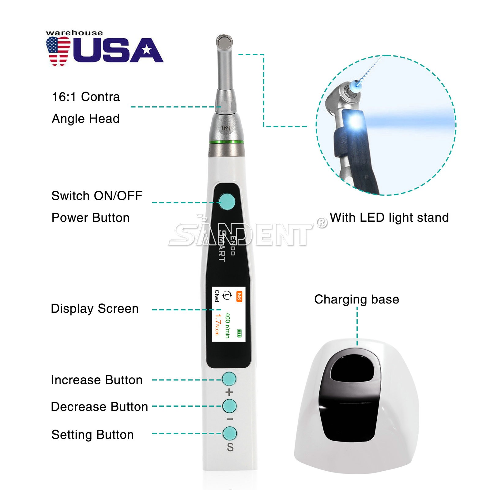 Dental 1:5 Fiber Optic LED Electric Contra Angle Increase Handpiece Ti-MAX X95L