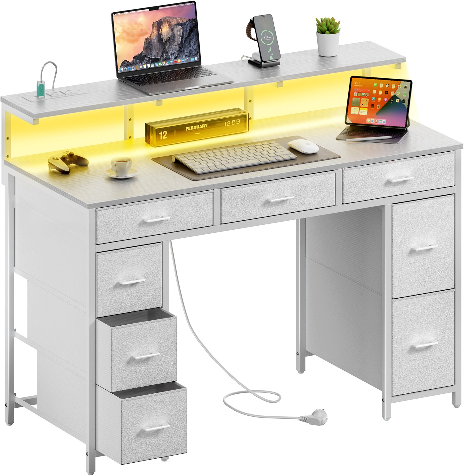 Computer Desk with Drawers & Power Outlet, Gaming Desk with Monitor Stand, White