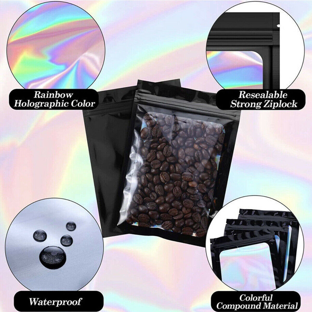 400 pcs Holographic Mylar Foil Bags Smell Proof Resealable Zip Lock Pouch Black