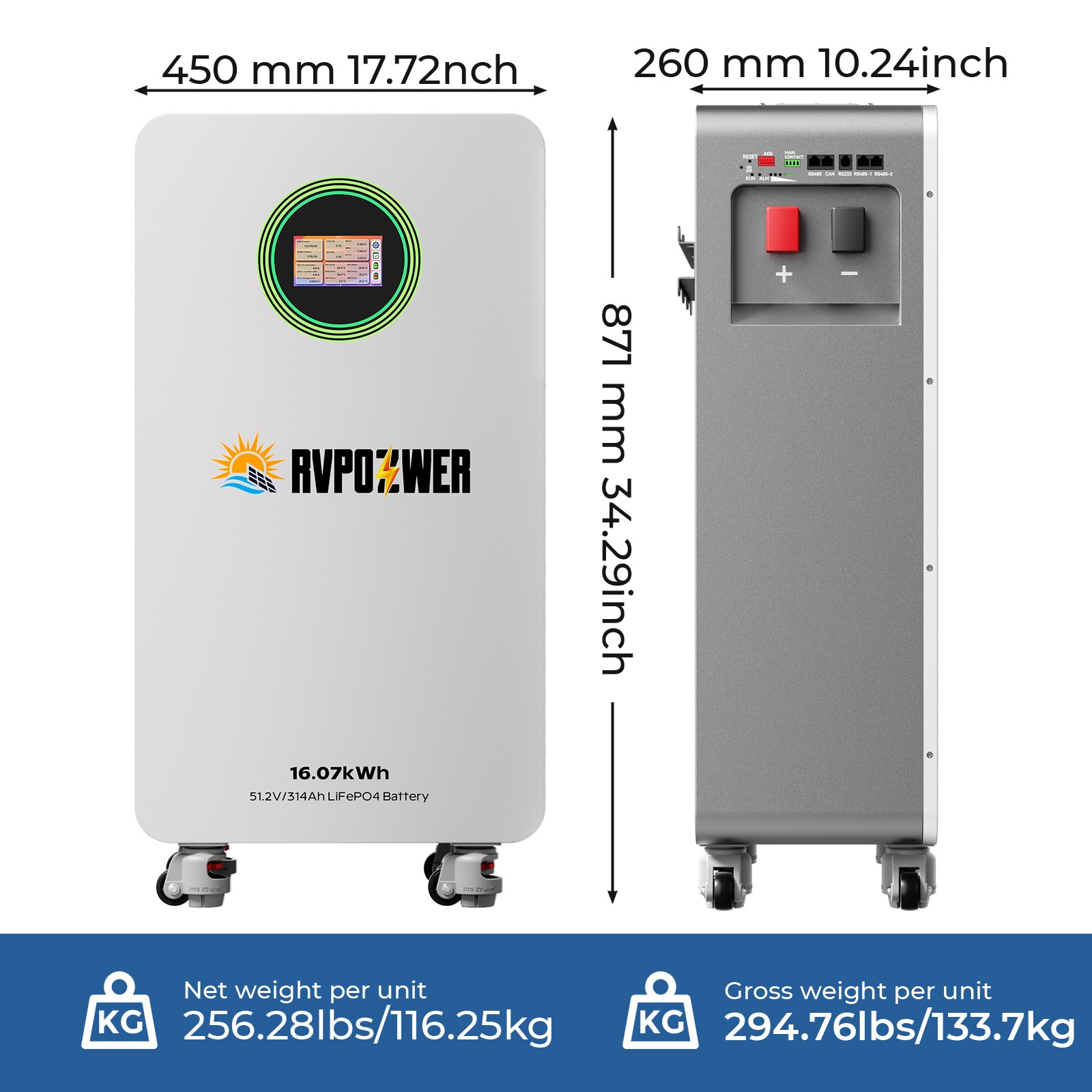 48V 314AH 16.07kWh Lithium Battery LiFePO4 Vertical Standing RV Solar Backup UPS