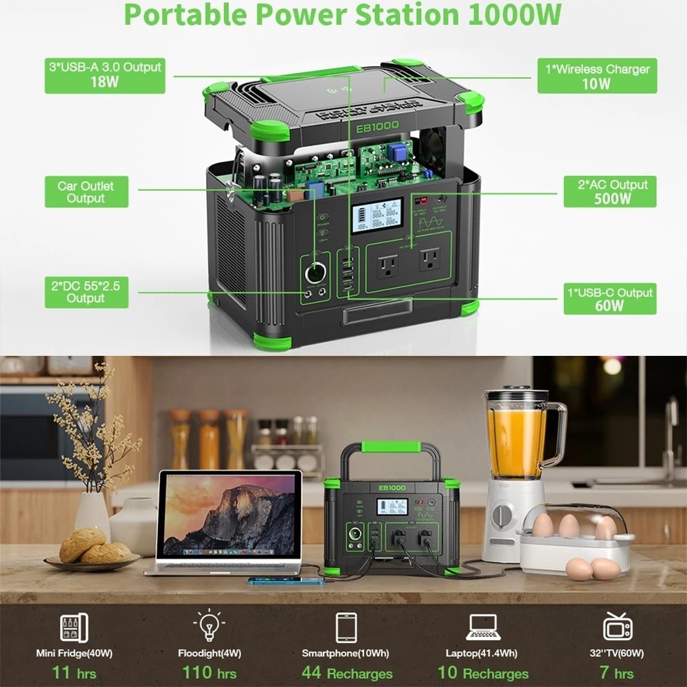 1000W Power Station Portable 999Wh LiFePo4 Battery Charger Generator For Travel