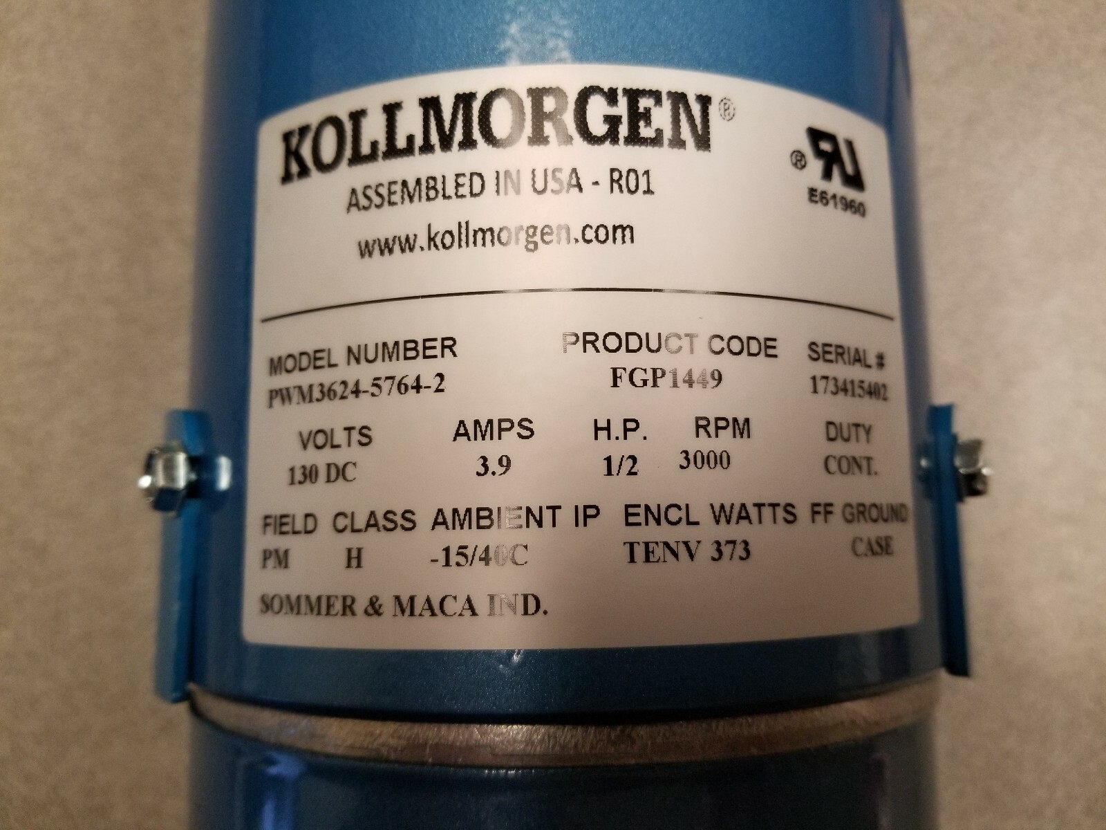 Kollmorgen Servo Motor PWM3624-5764-2 1/2 hp 130 DC volts 3000 rpm