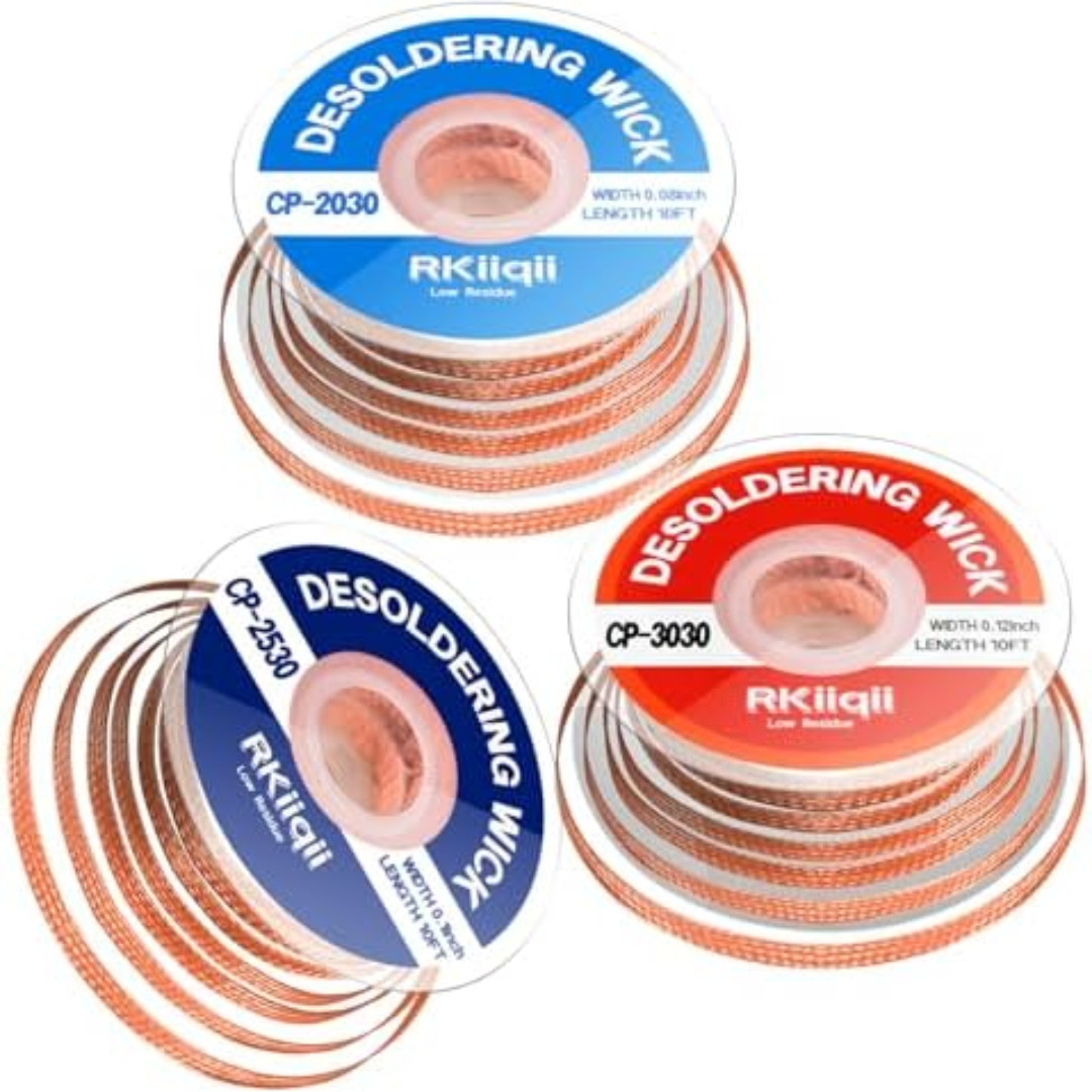 3Pcs Solder Wick Braid Kit with Flux, Low Residue Desoldering Wire 10ft Each
