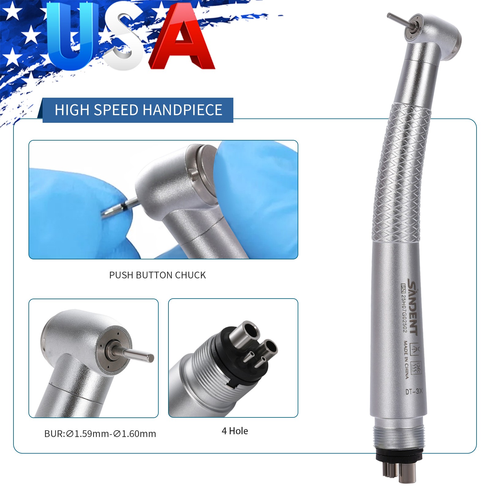 SANDENT Dental High Speed Handpiece Push Button 4 port spray 4 Hole Fit NSK