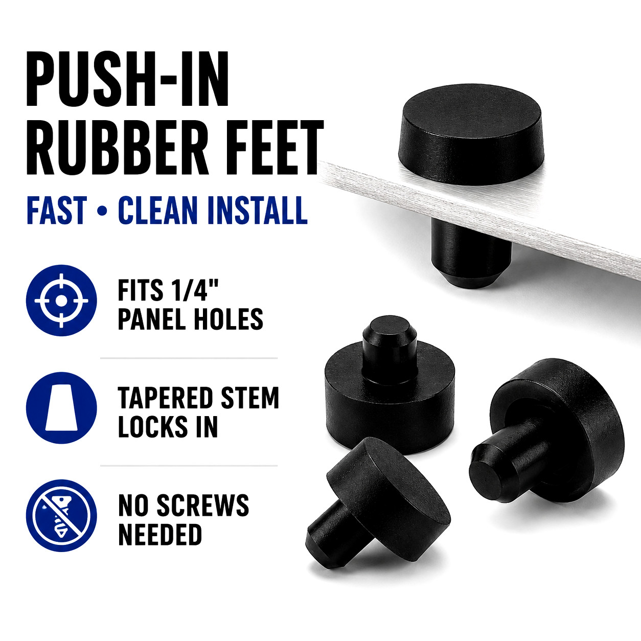 Push-In Rubber Panel Feet & Bumpers – Compression Stem, Choose Size for Racks