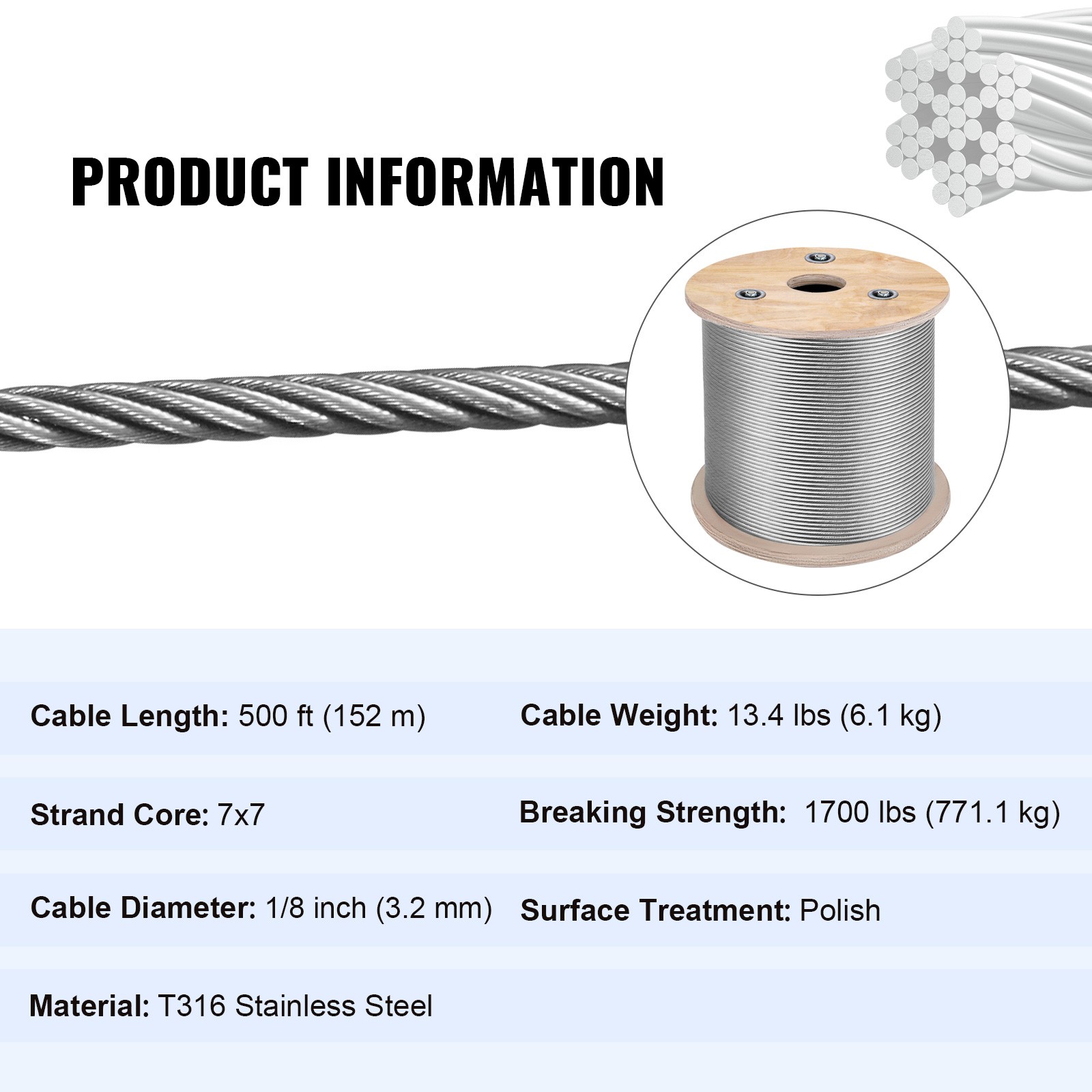 VEVOR T316 Stainless Steel Cable 1/8″ 7×7 Steel Wire Rope 500ft Cable Railing